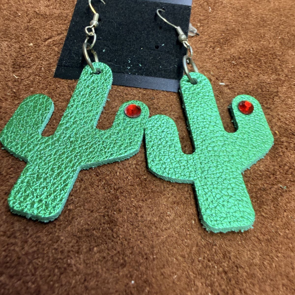 Real Green Leather Saguaro Cactus with Red Rhinestone on Silver Ear Wires