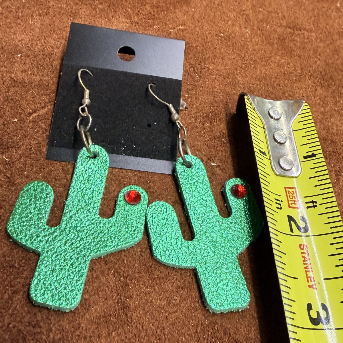 Real Green Leather Saguaro Cactus with Red Rhinestone on Silver Ear Wires - Image 2