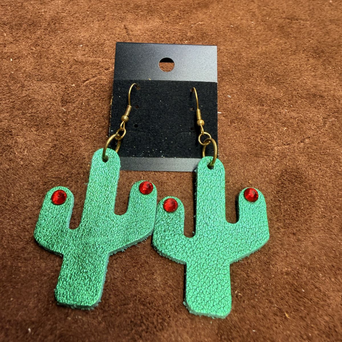 Real Green Leather Saguaro Cactus with Red Rhinestones on Gold Ear Wires
