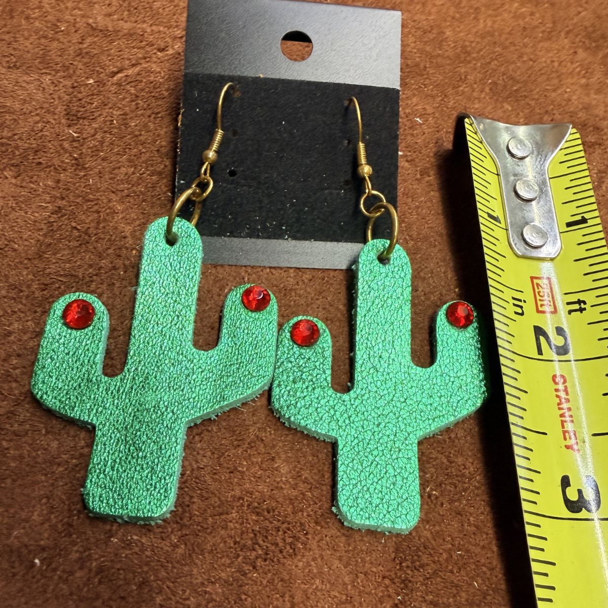 Real Green Leather Saguaro Cactus with Red Rhinestones on Gold Ear Wires - Image 2