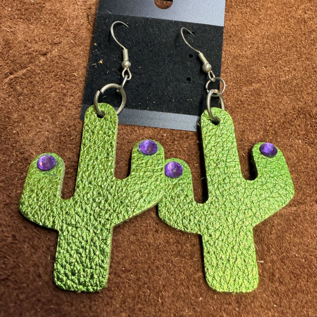 Real Light Green Leather Saguaro Cactus with Amethyst Rhinestones on Silver Ear Wires
