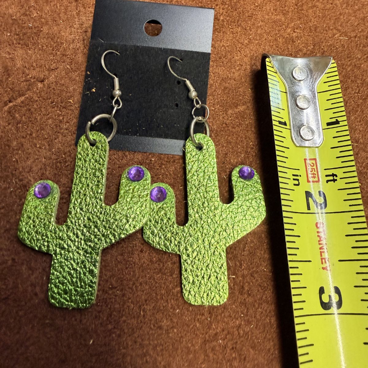 Real Light Green Leather Saguaro Cactus with Amethyst Rhinestones on Silver Ear Wires - Image 2