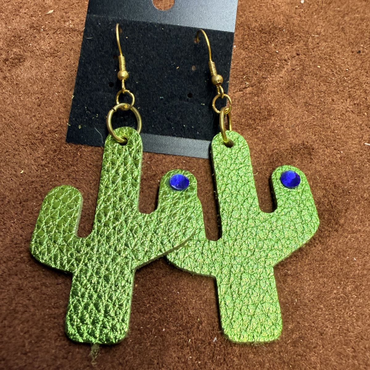 Real Light Green Leather Saguaro Cactus with Blue Rhinestones on Gold Ear Wires