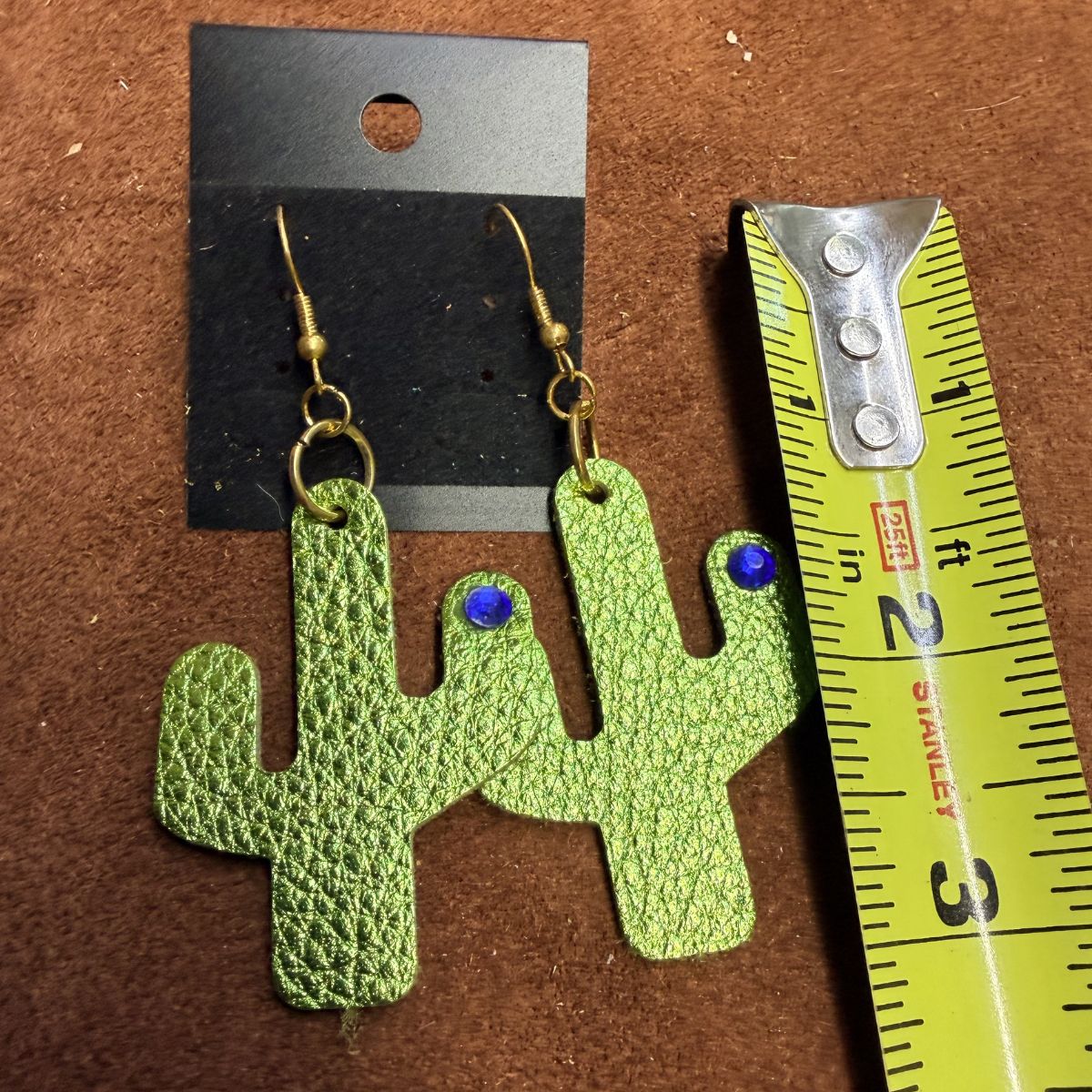 Real Light Green Leather Saguaro Cactus with Blue Rhinestones on Gold Ear Wires - Image 2