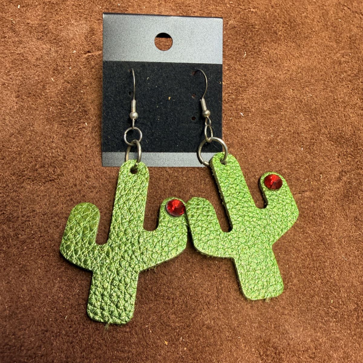 Real Light Green Leather Saguaro Cactus with Red Rhinestone on Silver Ear Wires