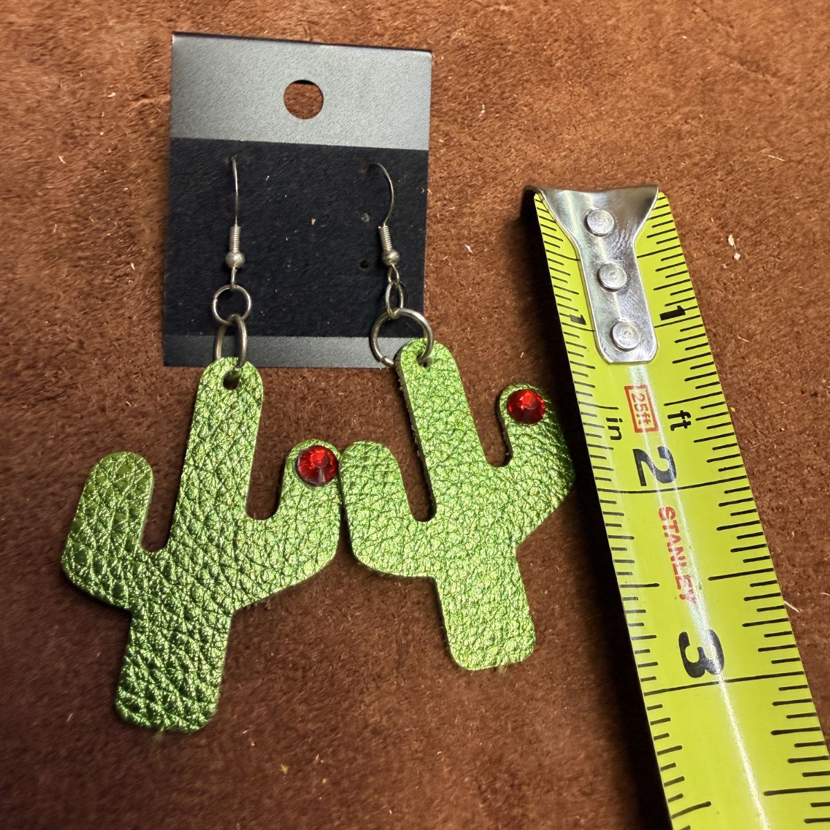 Real Light Green Leather Saguaro Cactus with Red Rhinestone on Silver Ear Wires - Image 2