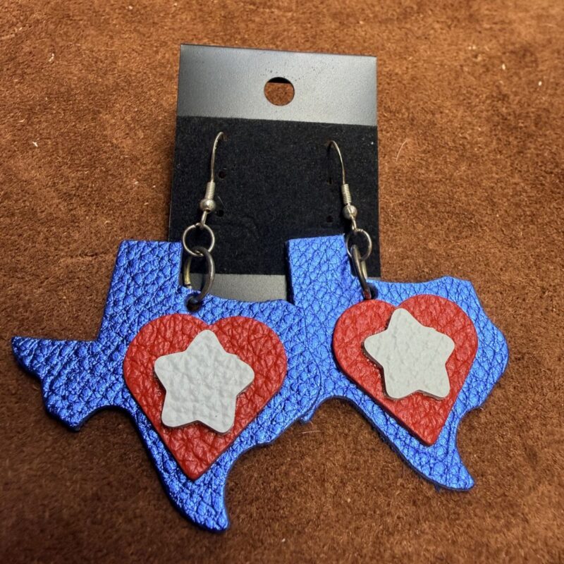 Blue Pebbled Leather Texas, Red Pebbled Leather Heart, White Pebbled Leather Star Earrings on Silver Ear Wires