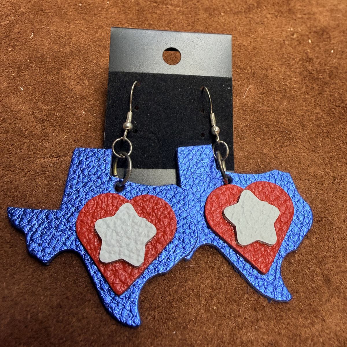 Blue Pebbled Leather Texas, Red Pebbled Leather Heart, White Pebbled Leather Star Earrings on Silver Ear Wires