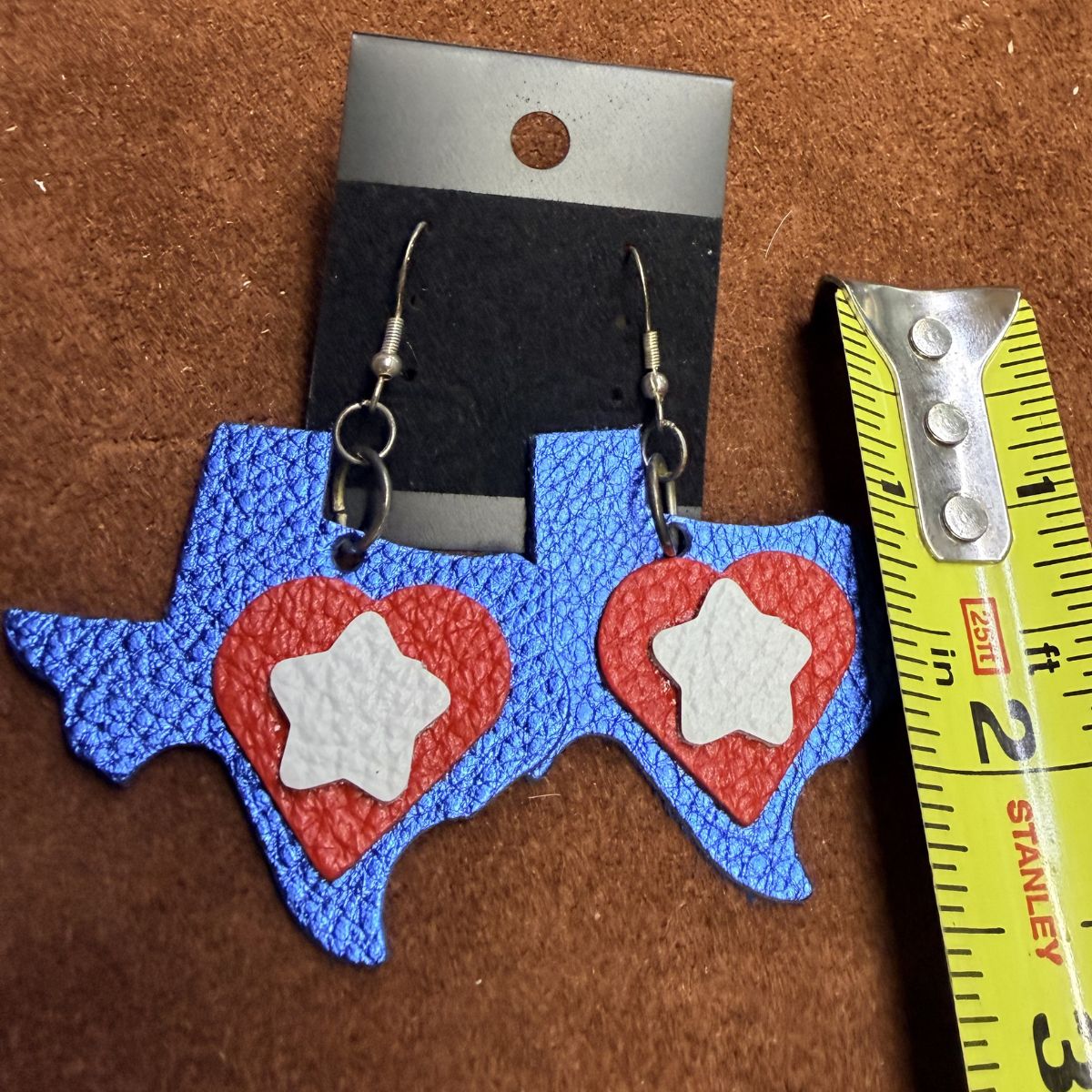 Blue Pebbled Leather Texas, Red Pebbled Leather Heart, White Pebbled Leather Star Earrings on Silver Ear Wires - Image 2