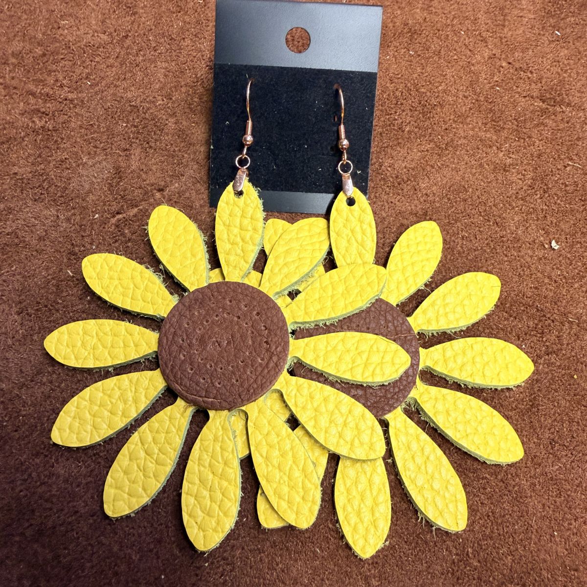 Yellow Pebbled Leather Sunflower Earrings with Distressed Leather Center on Rose Gold Ear Wires