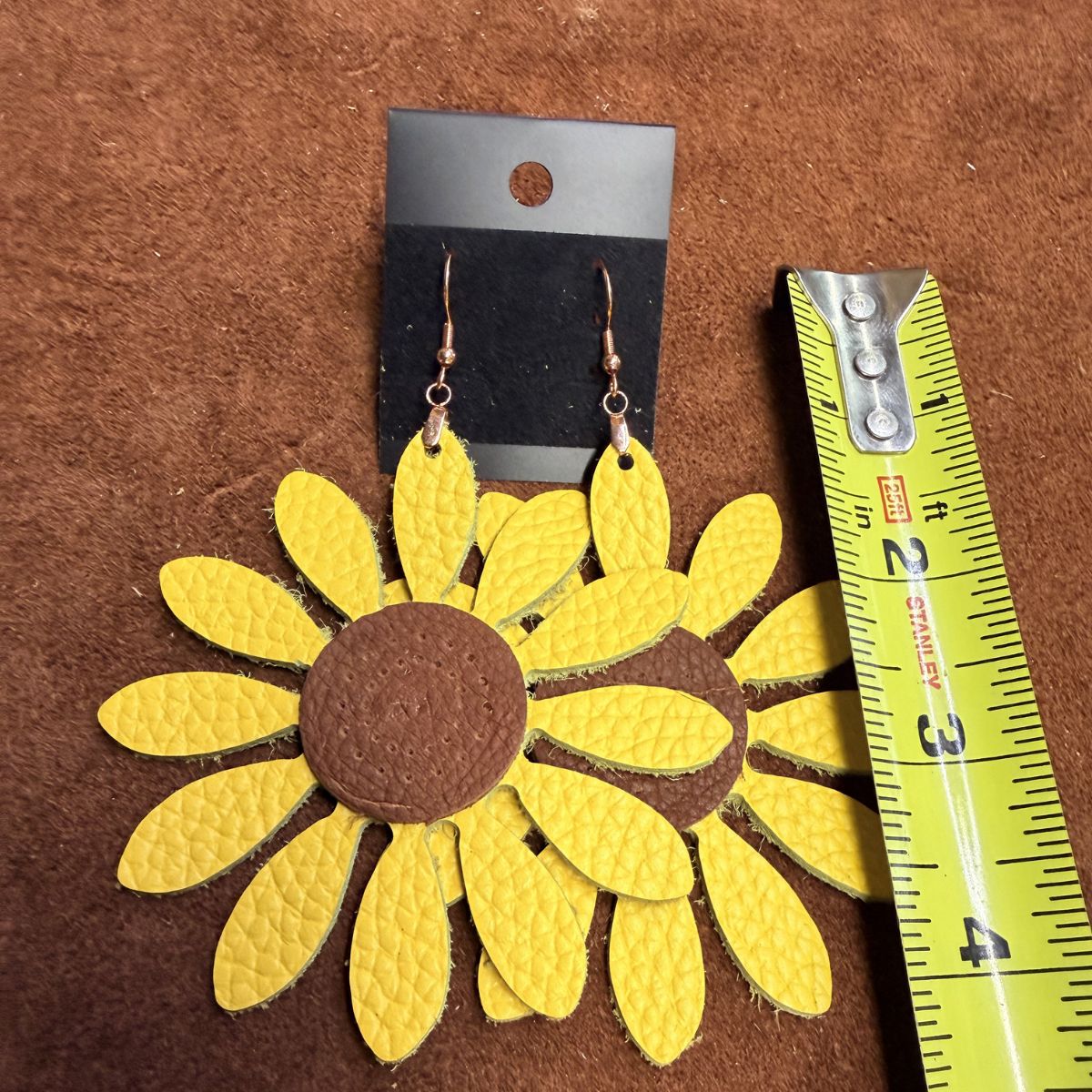 Yellow Pebbled Leather Sunflower Earrings with Distressed Leather Center on Rose Gold Ear Wires - Image 2