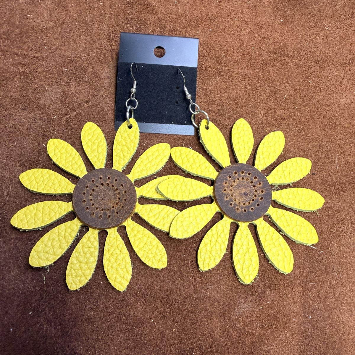 Yellow Pebbled Leather Sunflower Earrings with Distressed Leather Center on Silver Ear Wires