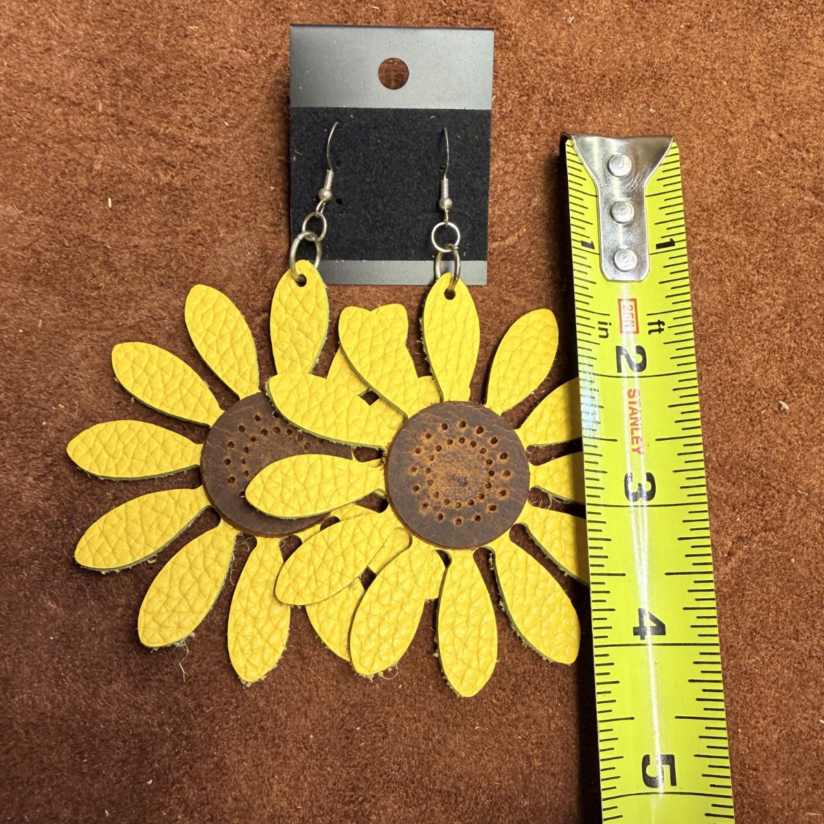 Yellow Pebbled Leather Sunflower Earrings with Distressed Leather Center on Silver Ear Wires - Image 2