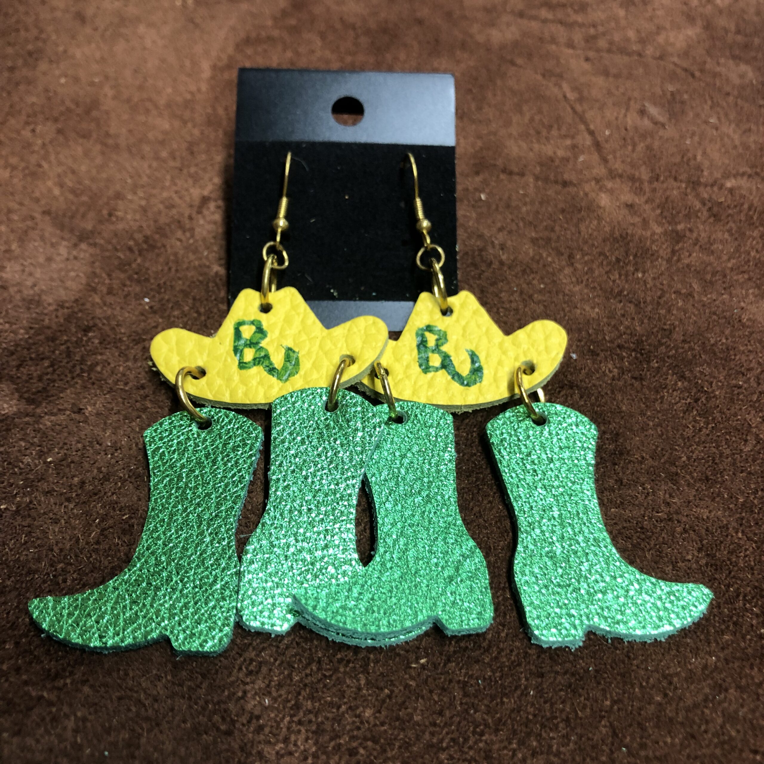 Real Yellow Pebbled Leather Cowboy Hat with Glittery Green Real Leather Cowboy Boots on Gold Ear Wires