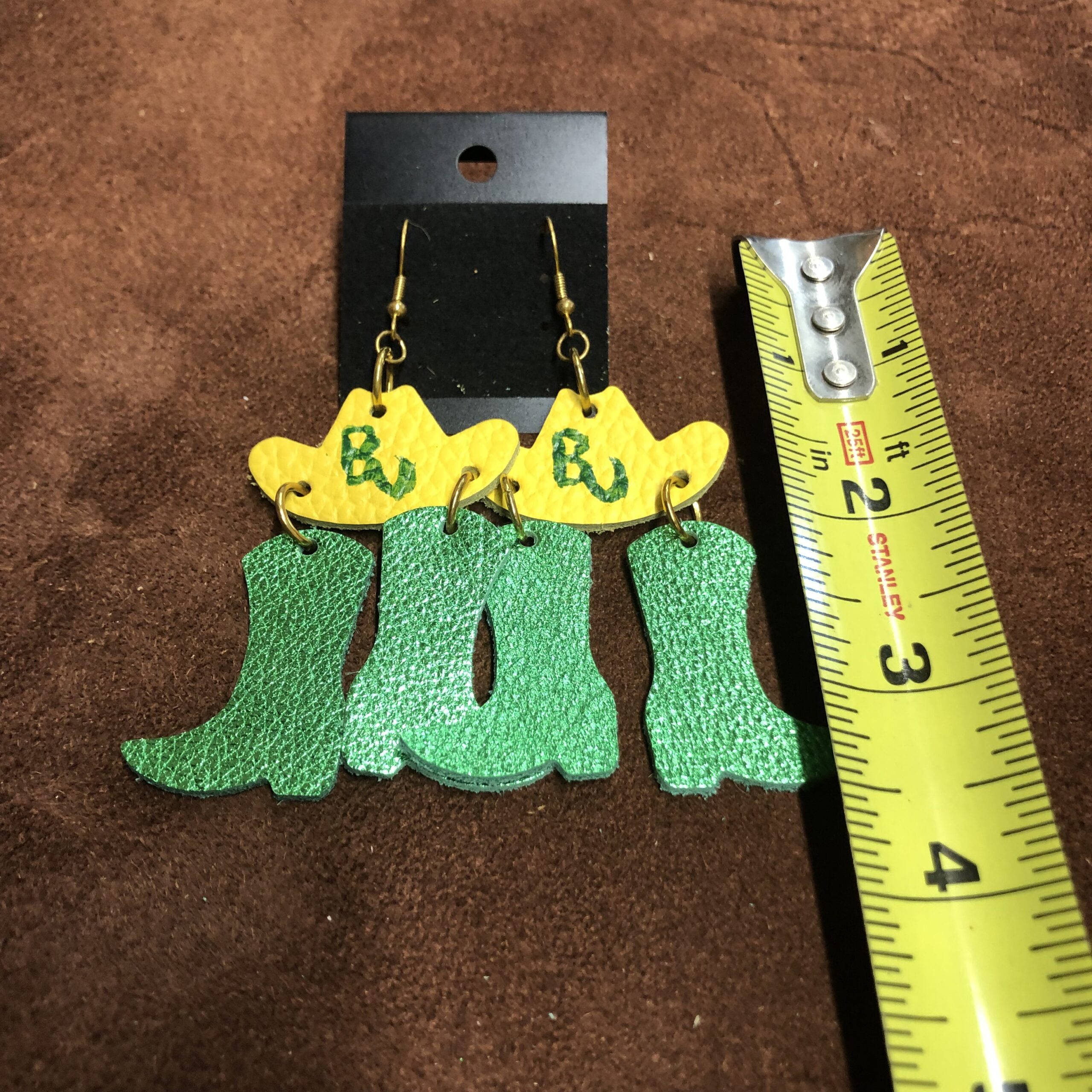 Real Yellow Pebbled Leather Cowboy Hat with Glittery Green Real Leather Cowboy Boots on Gold Ear Wires - Image 2
