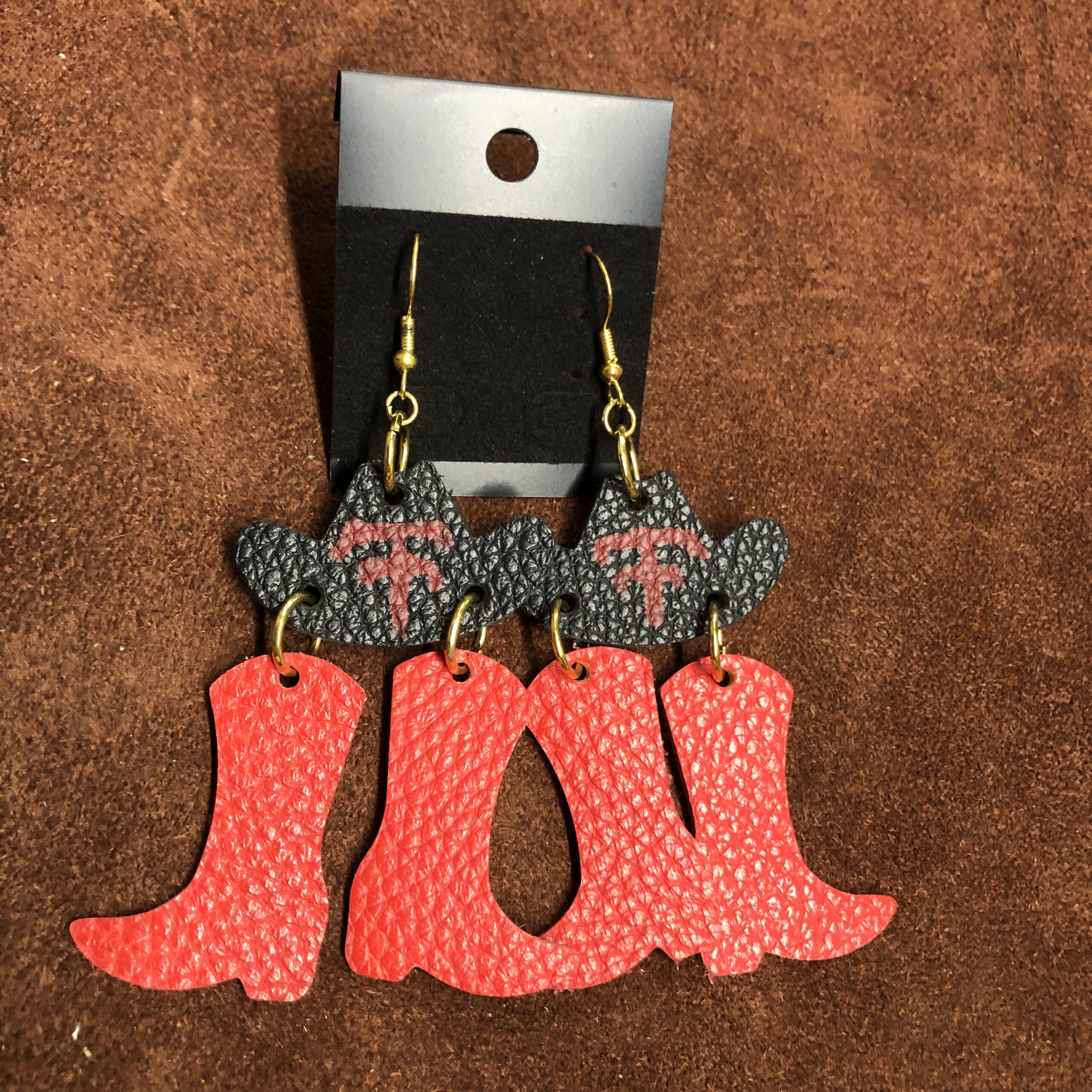 Real Black Pebbled Leather Cowboy Hat with Real Red Pebbled Leather Cowboy Boots on Gold Ear Wires