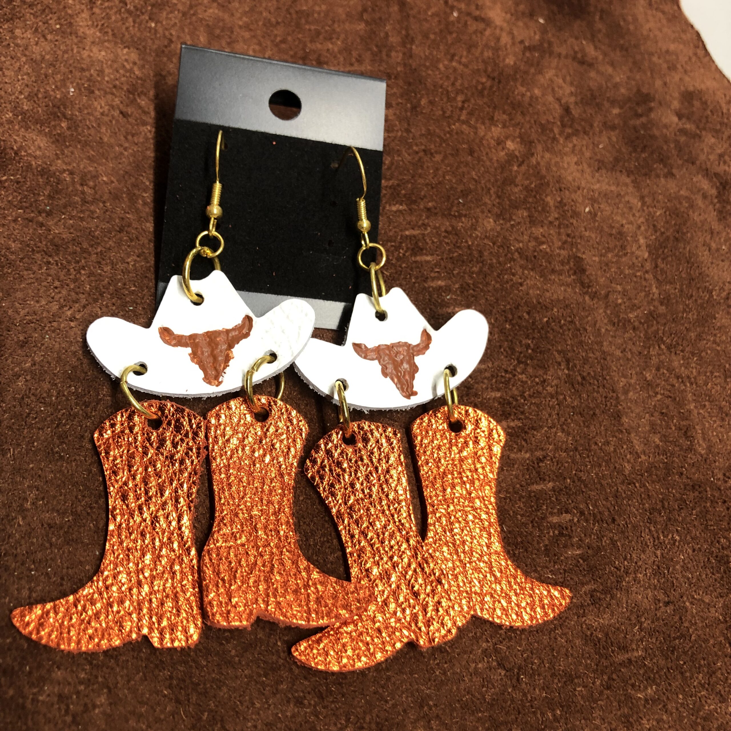 Real White Pebbled Leather Cowboy Hat with Real Shiny Orange Leather Cowboy Boots on Gold Ear Wires