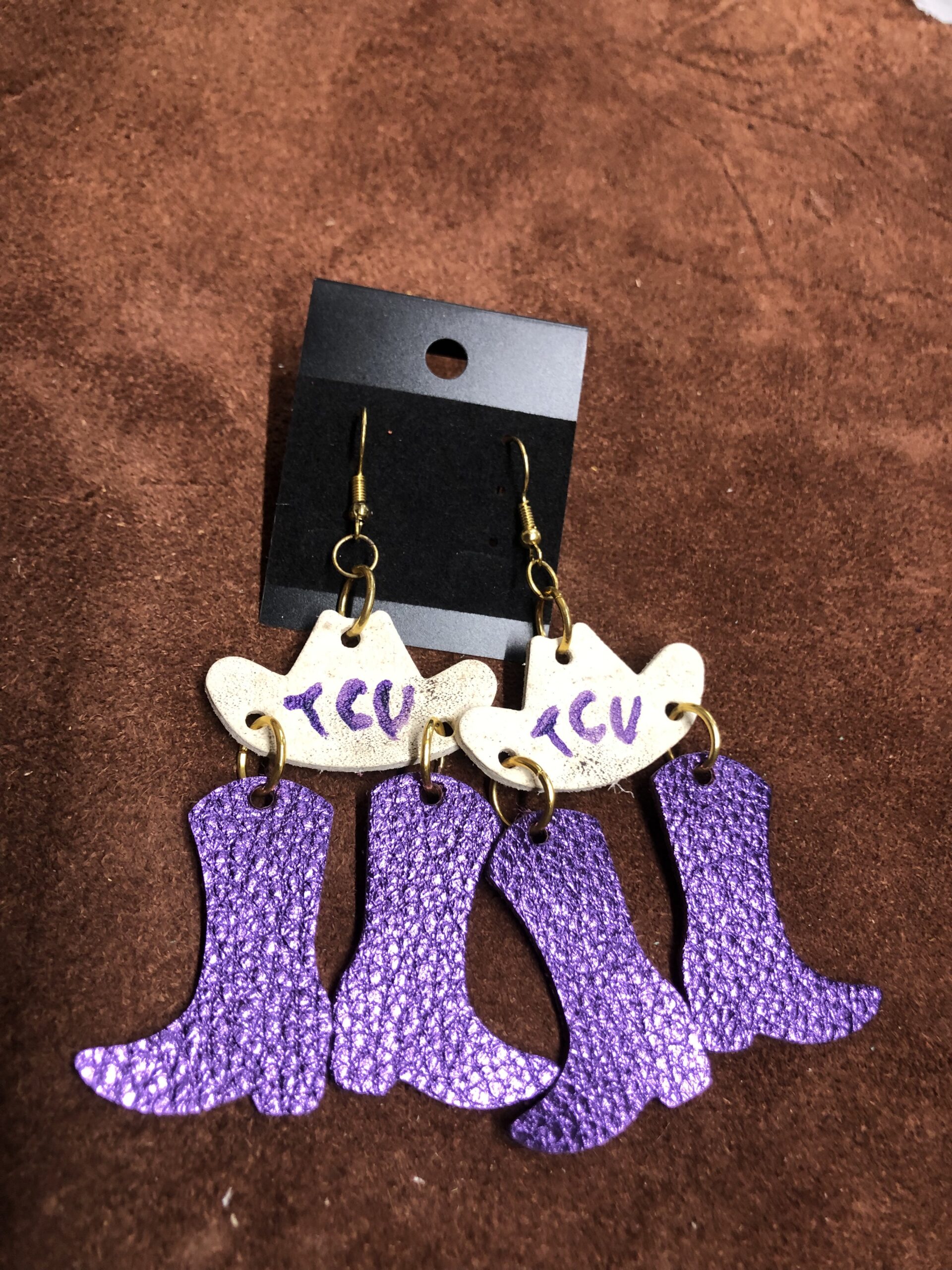 Real White Cowhide Leather Cowboy Hat with Real Shiny Purple Leather Cowboy Boots on Gold Ear Wires
