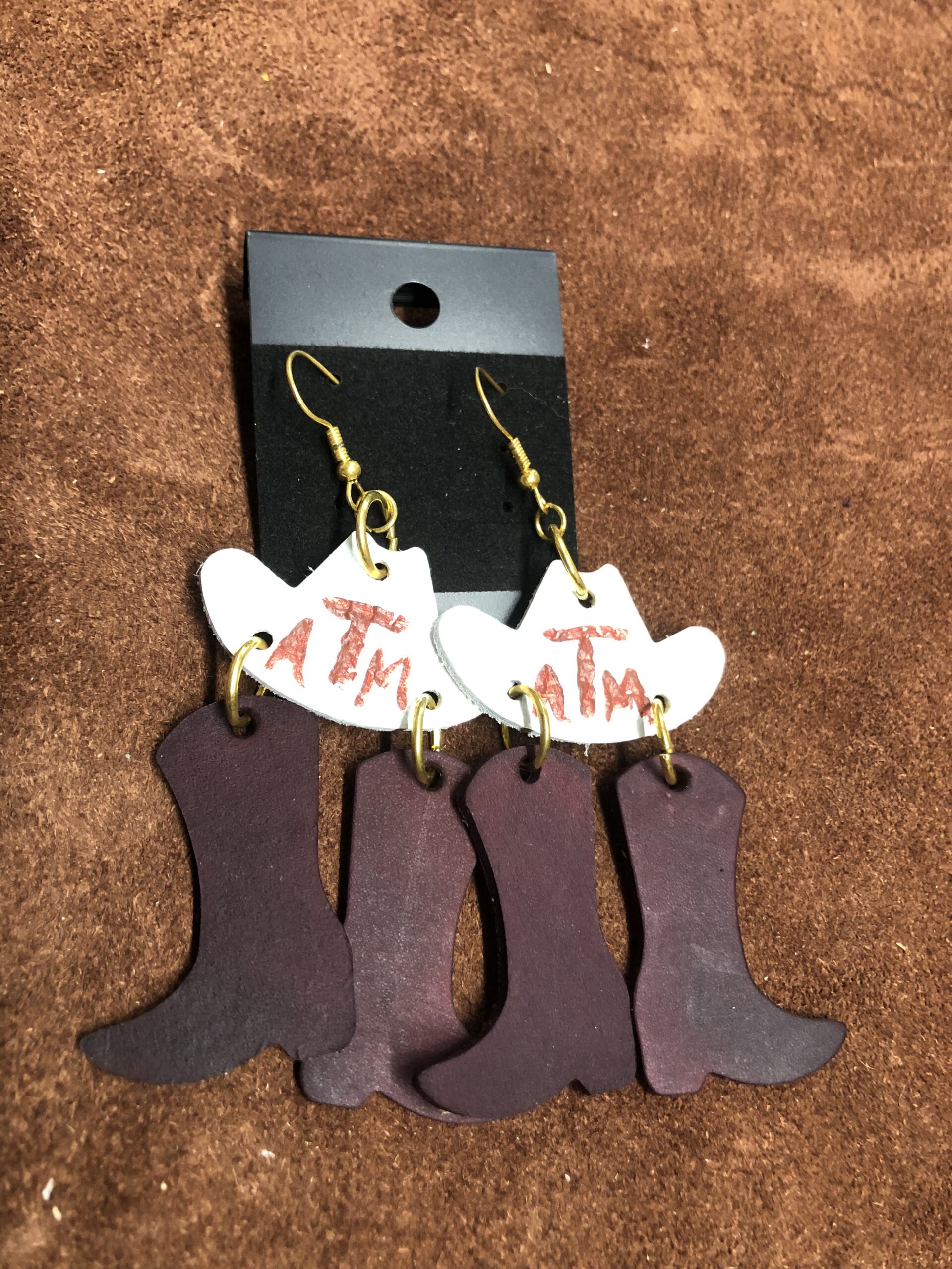 Real White Pebbled Leather Cowboy Hat with Real Maroon Leather Cowboy Boots on Gold Ear Wires
