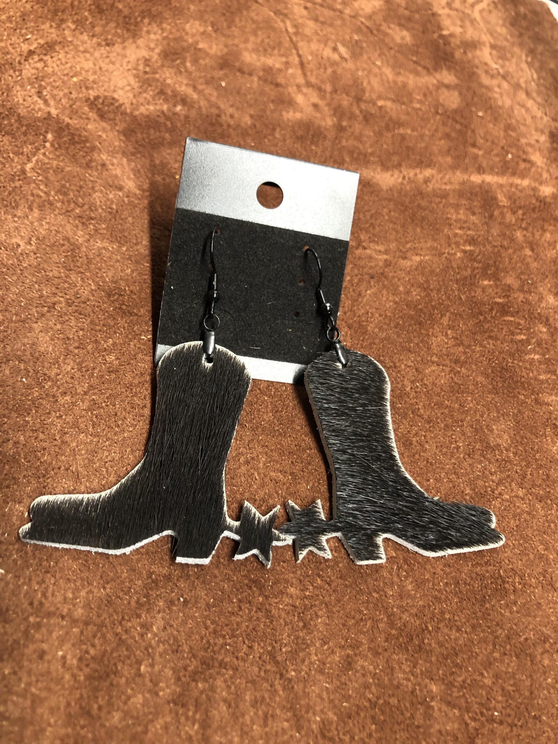 Real Leather Hair on Hide Black Boots & Spurs Earrings on Black Ear Wires