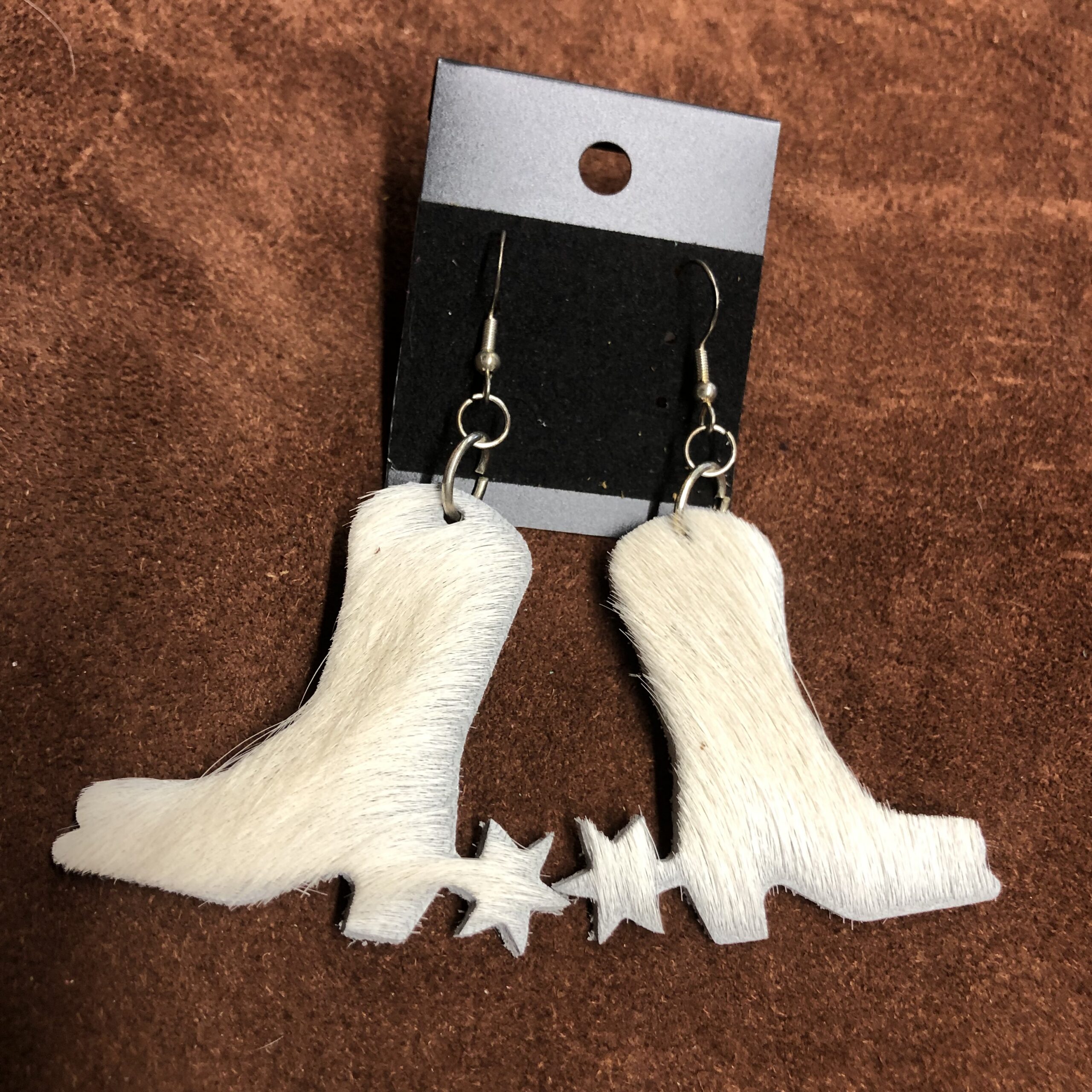 Real Leather Hair on Hide White Boots & Spurs Earrings on Silver Ear Wires