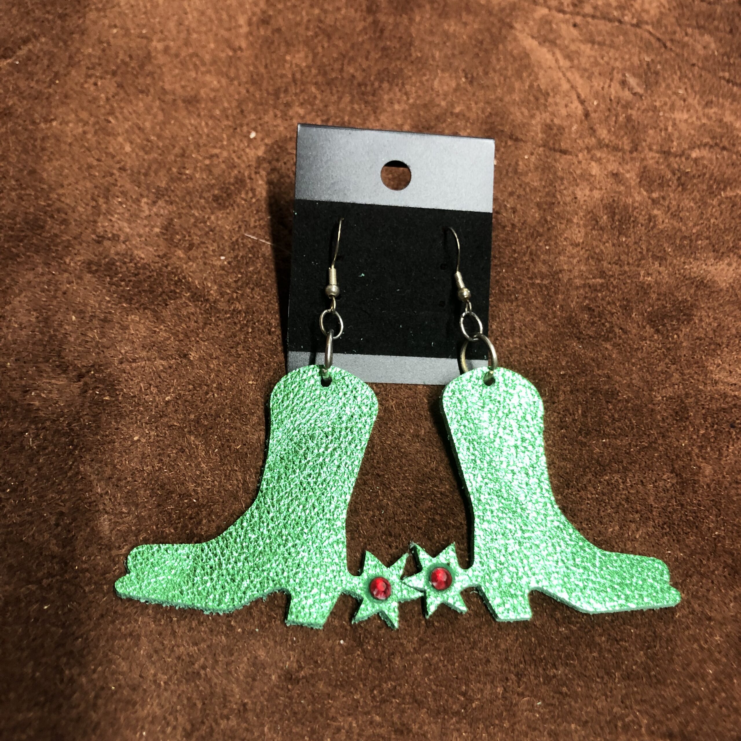 Real Leather Green Boots & Spurs Earrings with Red Rhinestone on Silver Ear Wires