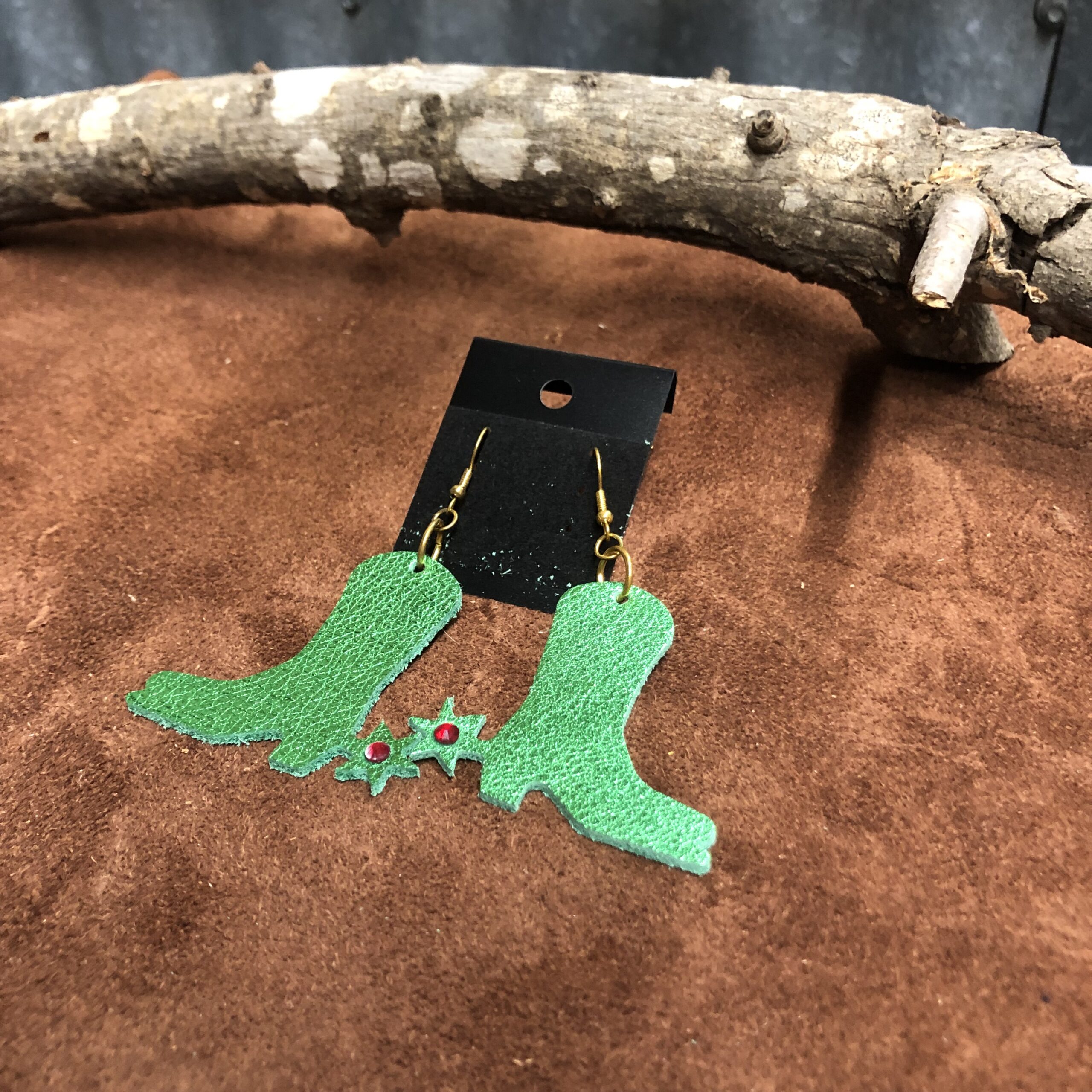 Real Leather Green Boots & Spurs Earrings with Red Rhinestone on Gold Ear Wires