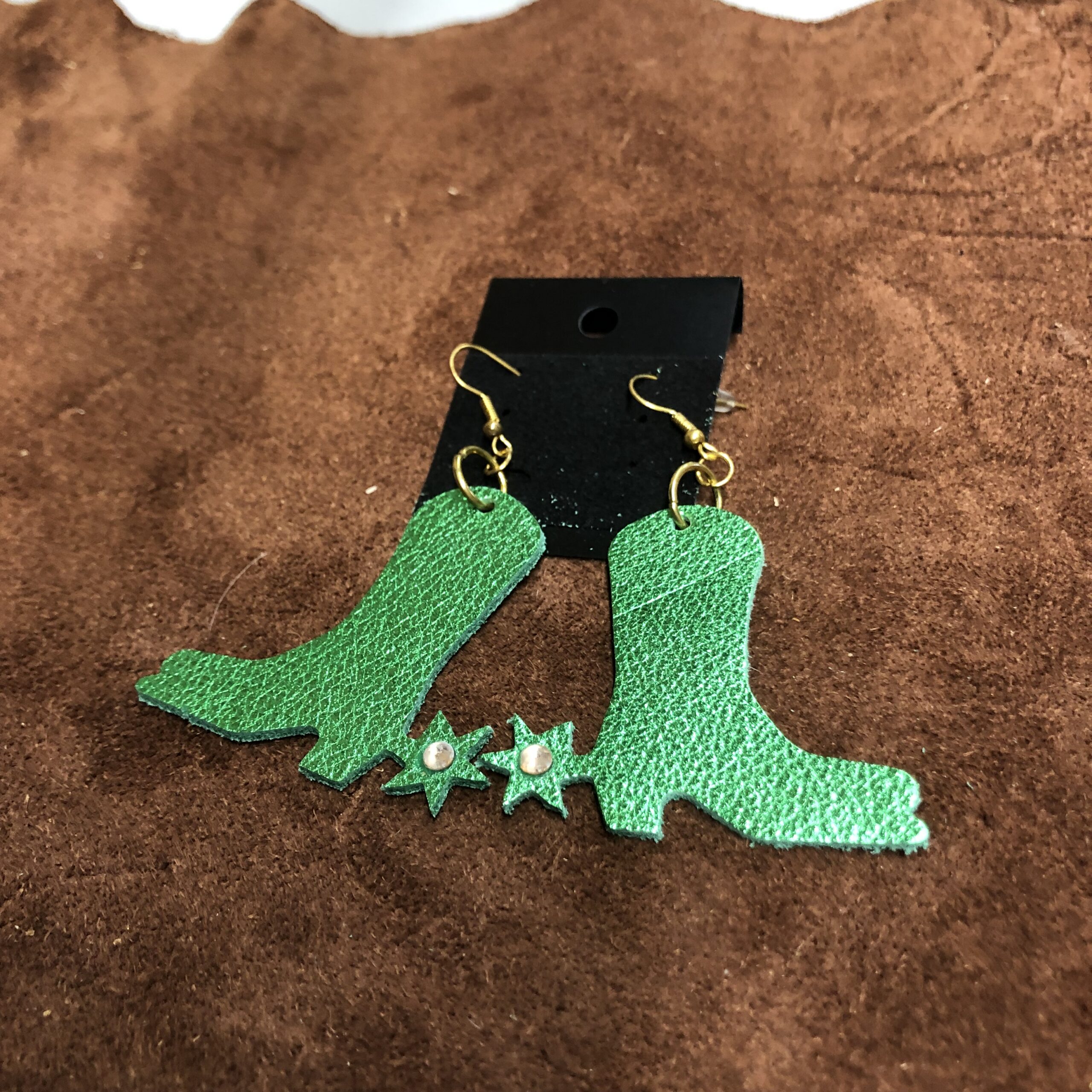 Real Leather Green Boots & Spurs Earrings with Light Rose Rhinestone on Gold Ear Wires