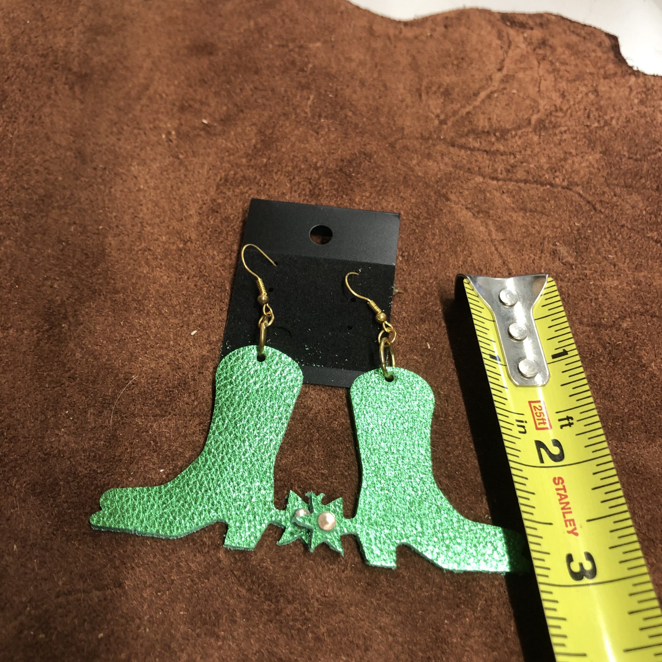 Real Leather Green Boots & Spurs Earrings with Light Rose Rhinestone on Gold Ear Wires - Image 2