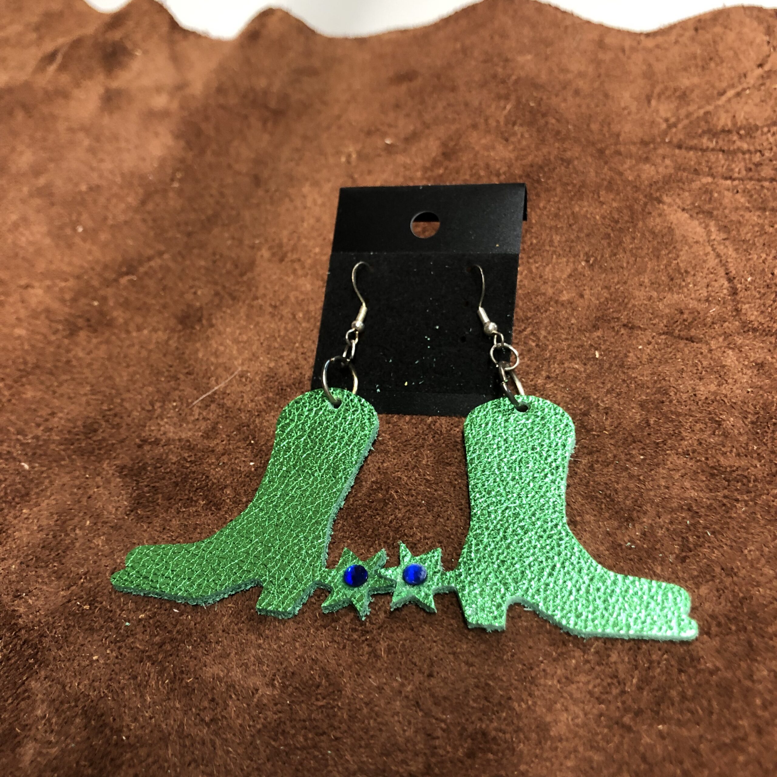 Real Leather Green Boots & Spurs Earrings with Blue Rhinestone on Silver Ear Wires