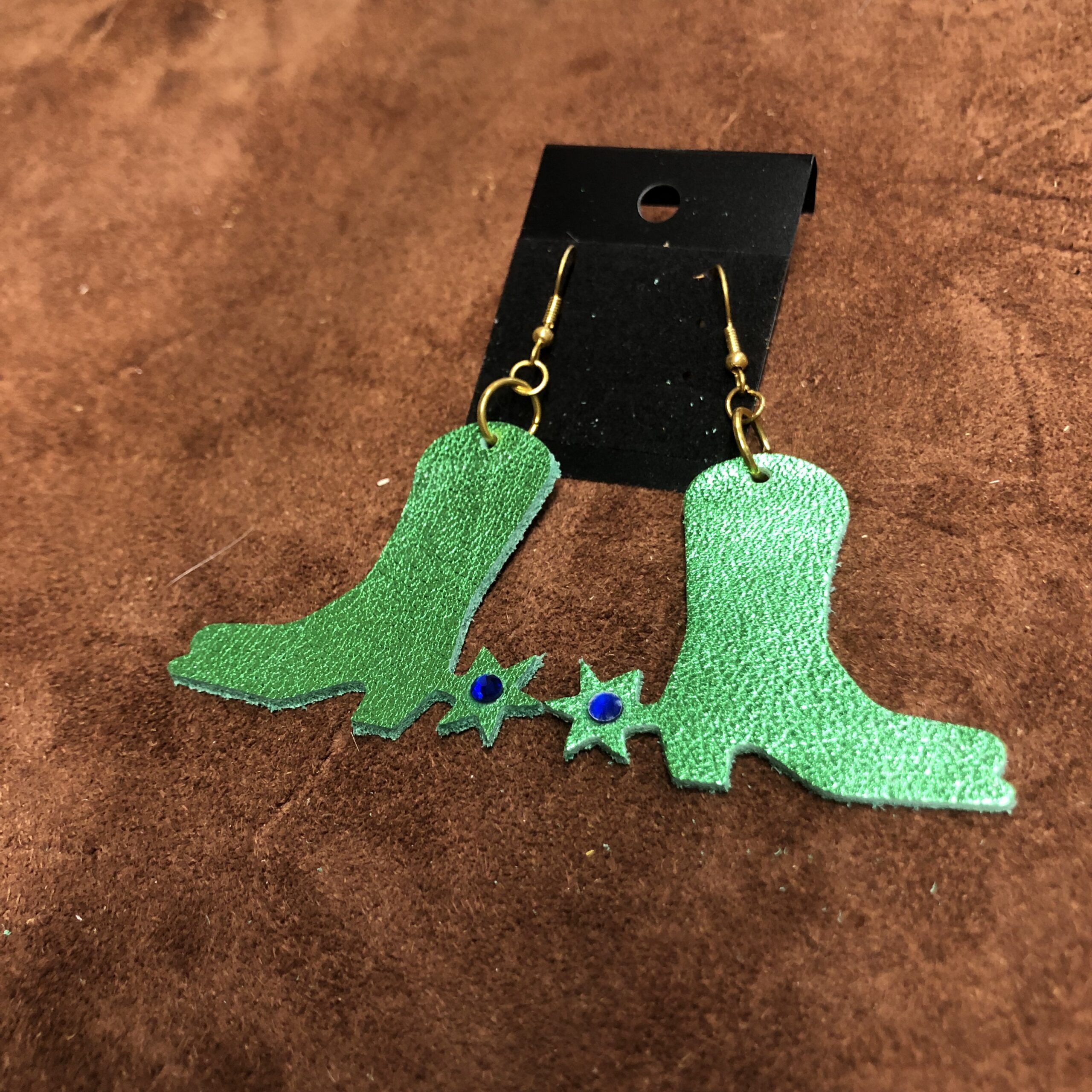 Real Leather Green Boots & Spurs Earrings with Blue Rhinestone on Gold Ear Wires