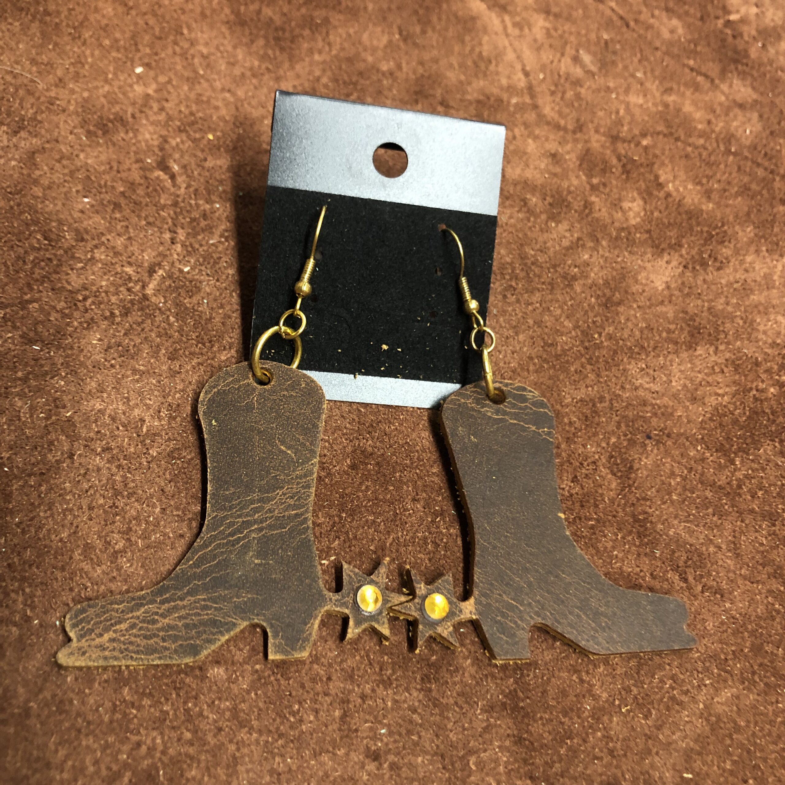 Real Distressed Leather Boots & Spurs Earrings with Gold 3mm Rhinestone on Gold Ear Wires