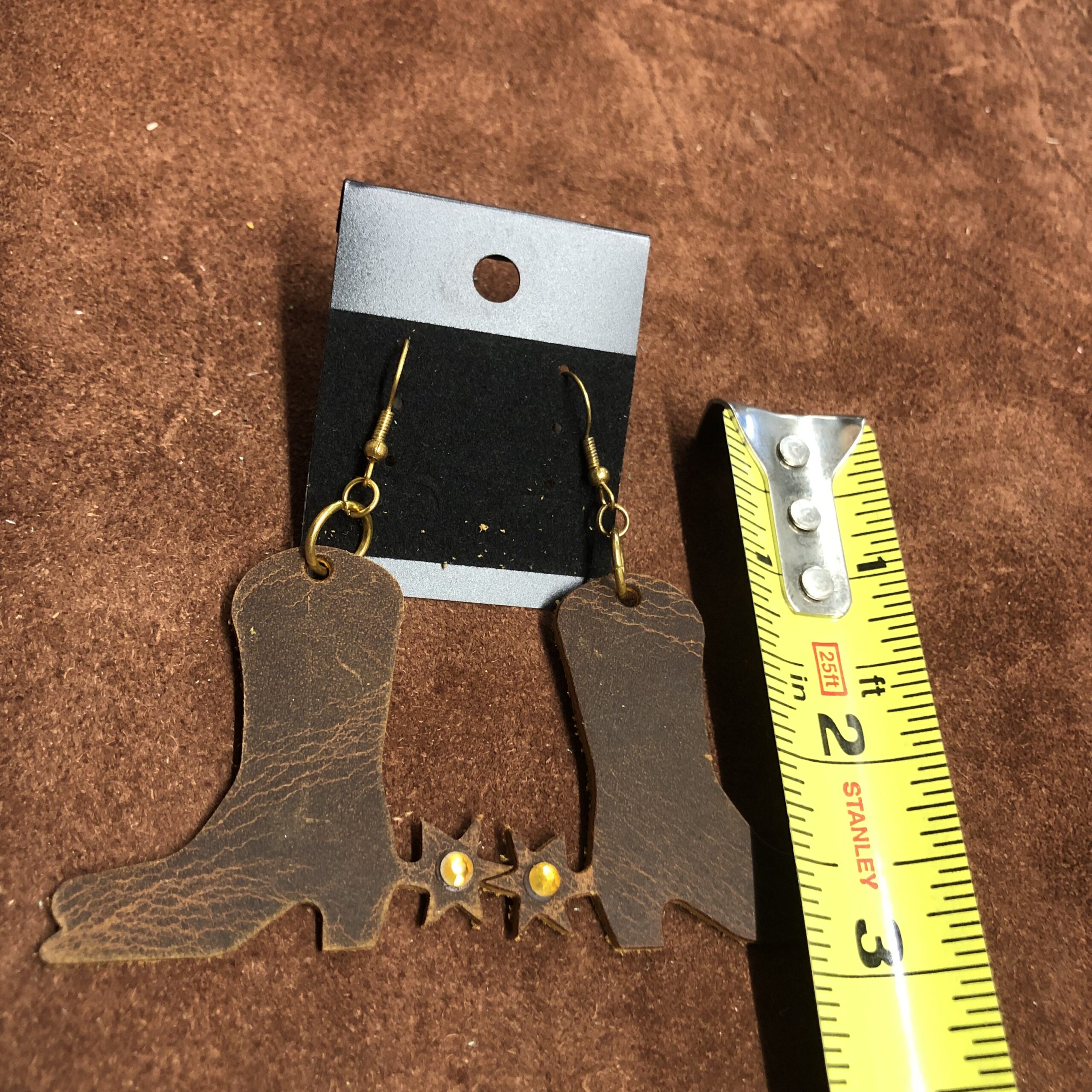Real Distressed Leather Boots & Spurs Earrings with Gold 3mm Rhinestone on Gold Ear Wires - Image 2