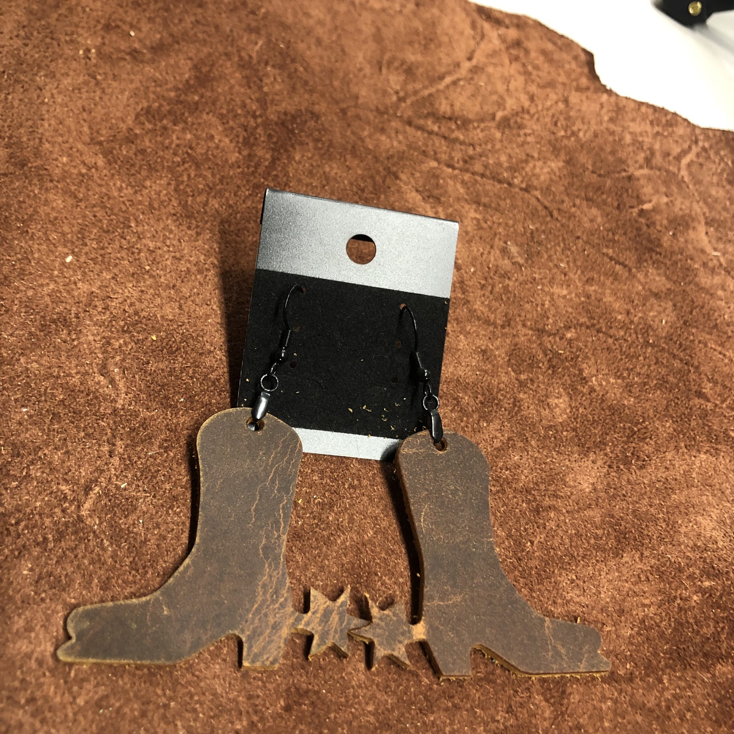 Real Distressed Leather Boots & Spurs Earrings on Black Ear Wires