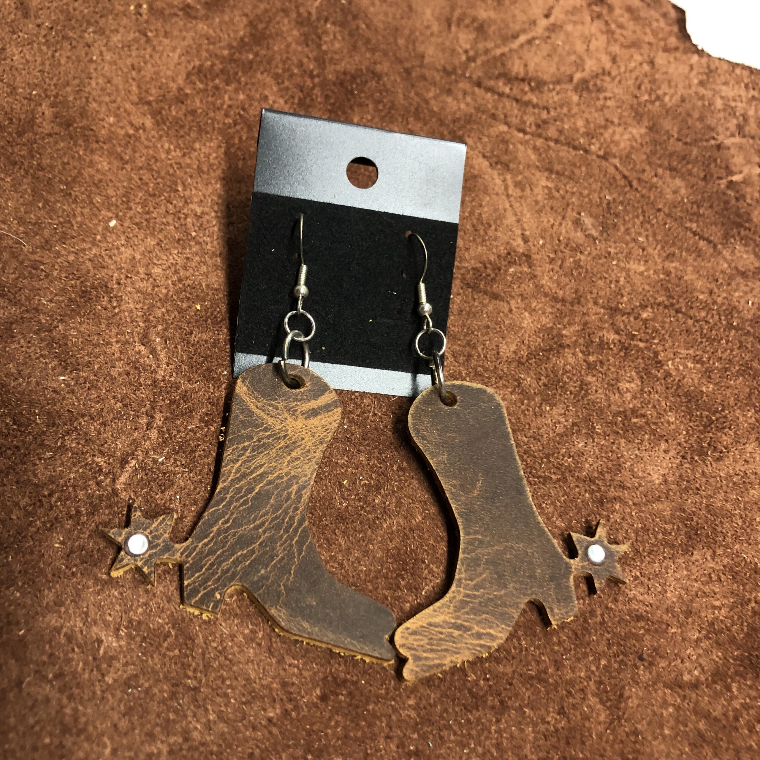 Real Distressed Leather Boots & Spurs Earrings with Clear Rhinestone on Silver Ear Wires