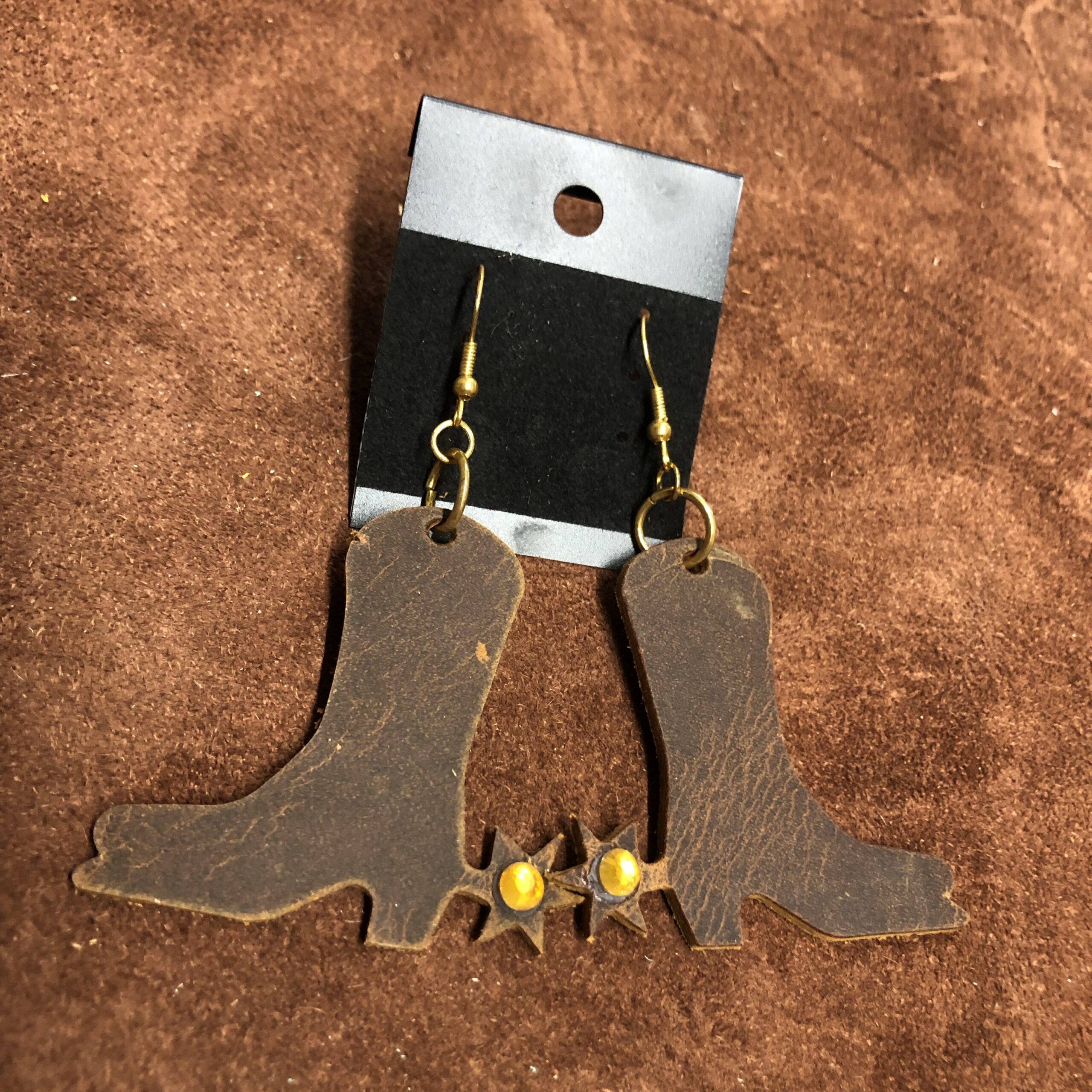 Real Distressed Leather Boots & Spurs Earrings with Yellow 5mm Rhinestone on Gold Ear Wires