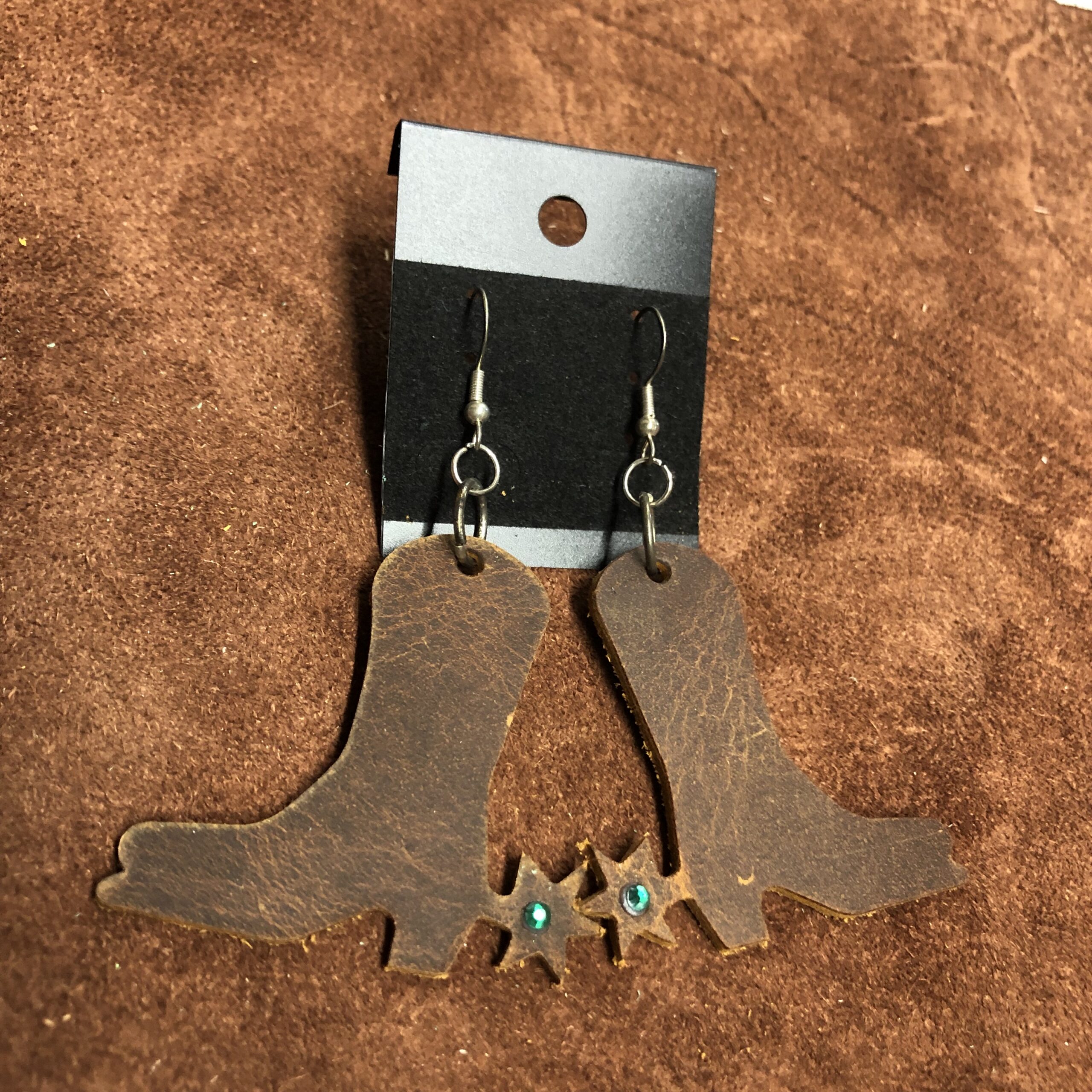 Real Distressed Leather Boots & Spurs Earrings with Emerald 3mm Rhinestone on Silver Ear Wires