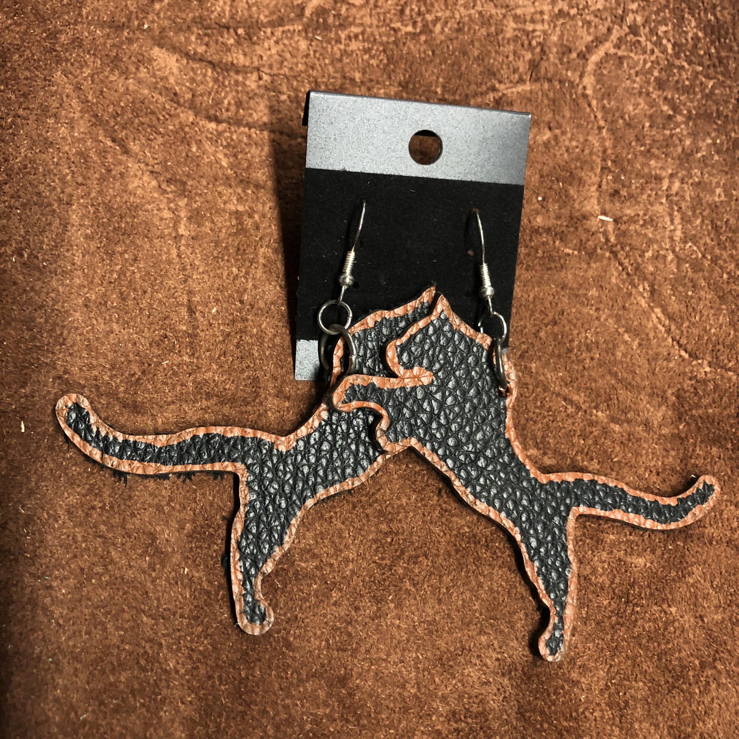 Real Black Pebbled Leather Panther cutout Earrings on Silver Ear Wires