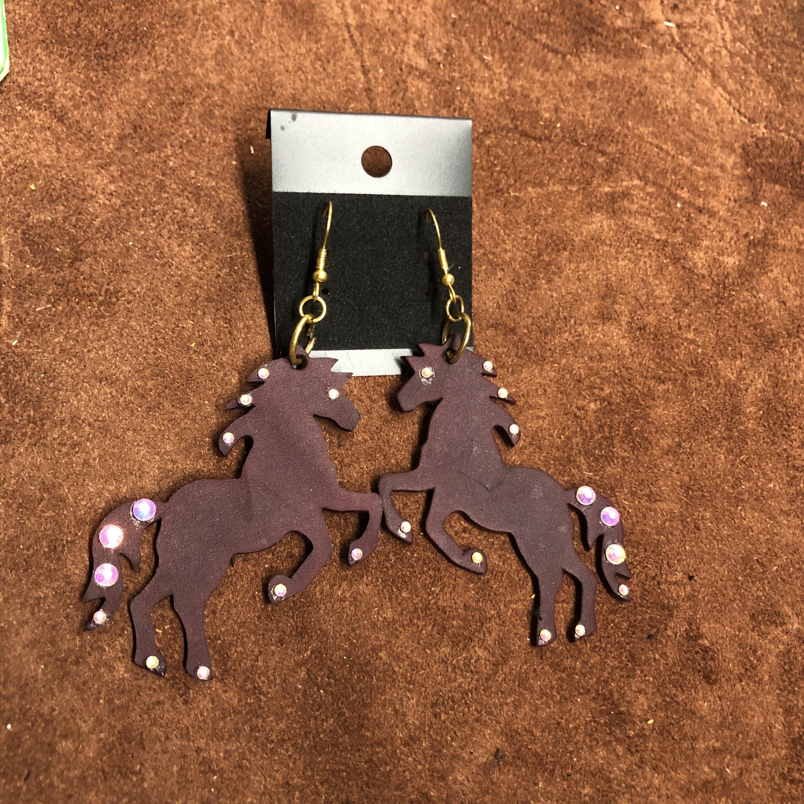 Real Maroon Leather Horse cutout with Multihued Rhinestones on Gold Ear Wires