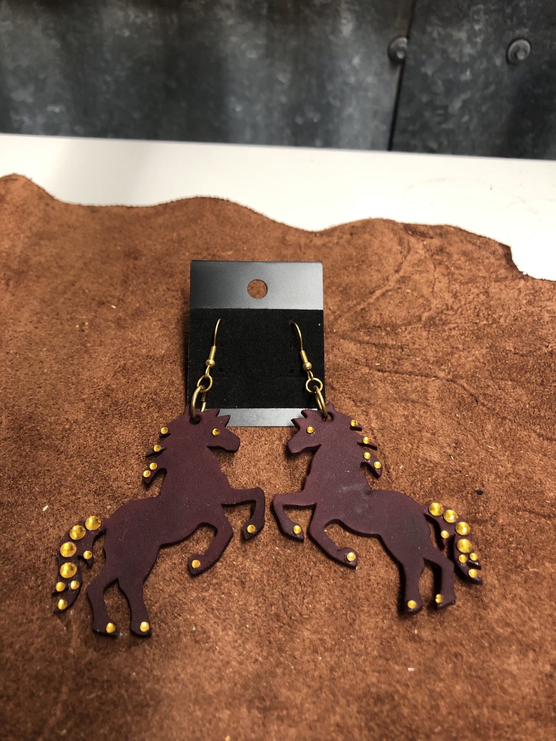 Real Maroon Leather Horse cutout Earrings with Yellow Rhinestones on Gold Ear Wires