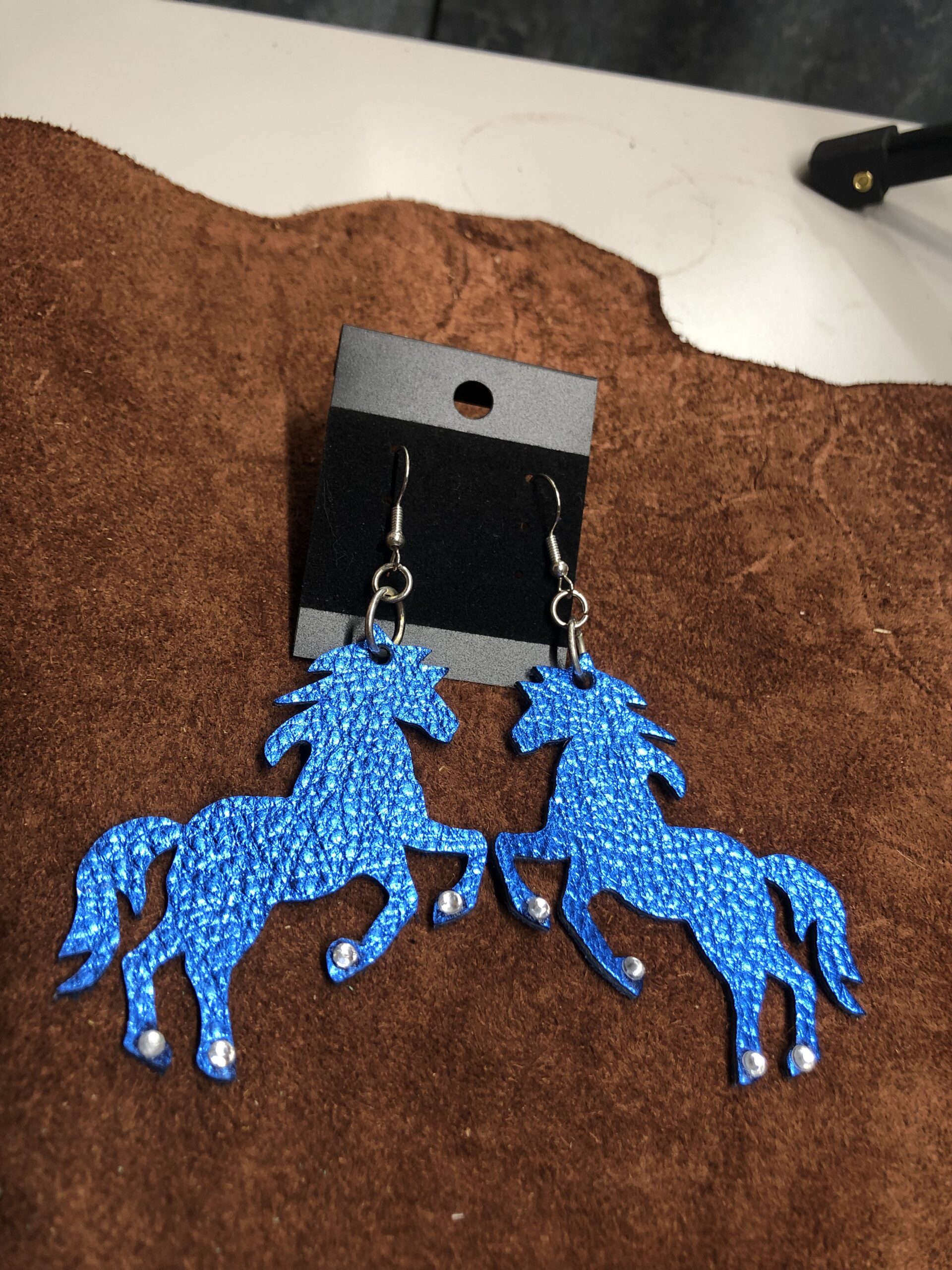 Real Blue Leather Horse cutout Earrings with Clear Rhinestones on Silver Ear Wires