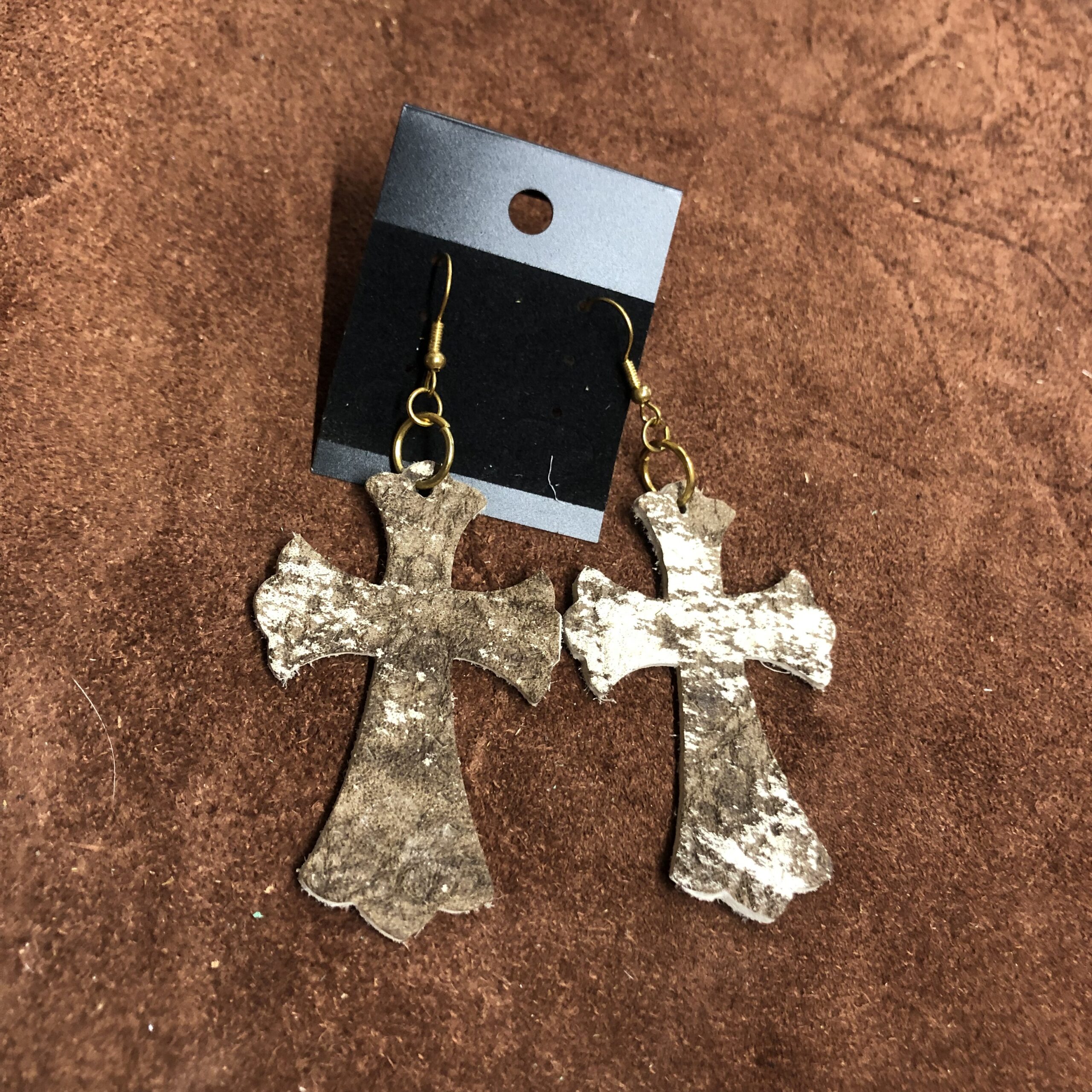 Real Brown & White Cowhide Leather Cross Earrings on Gold Ear Wires