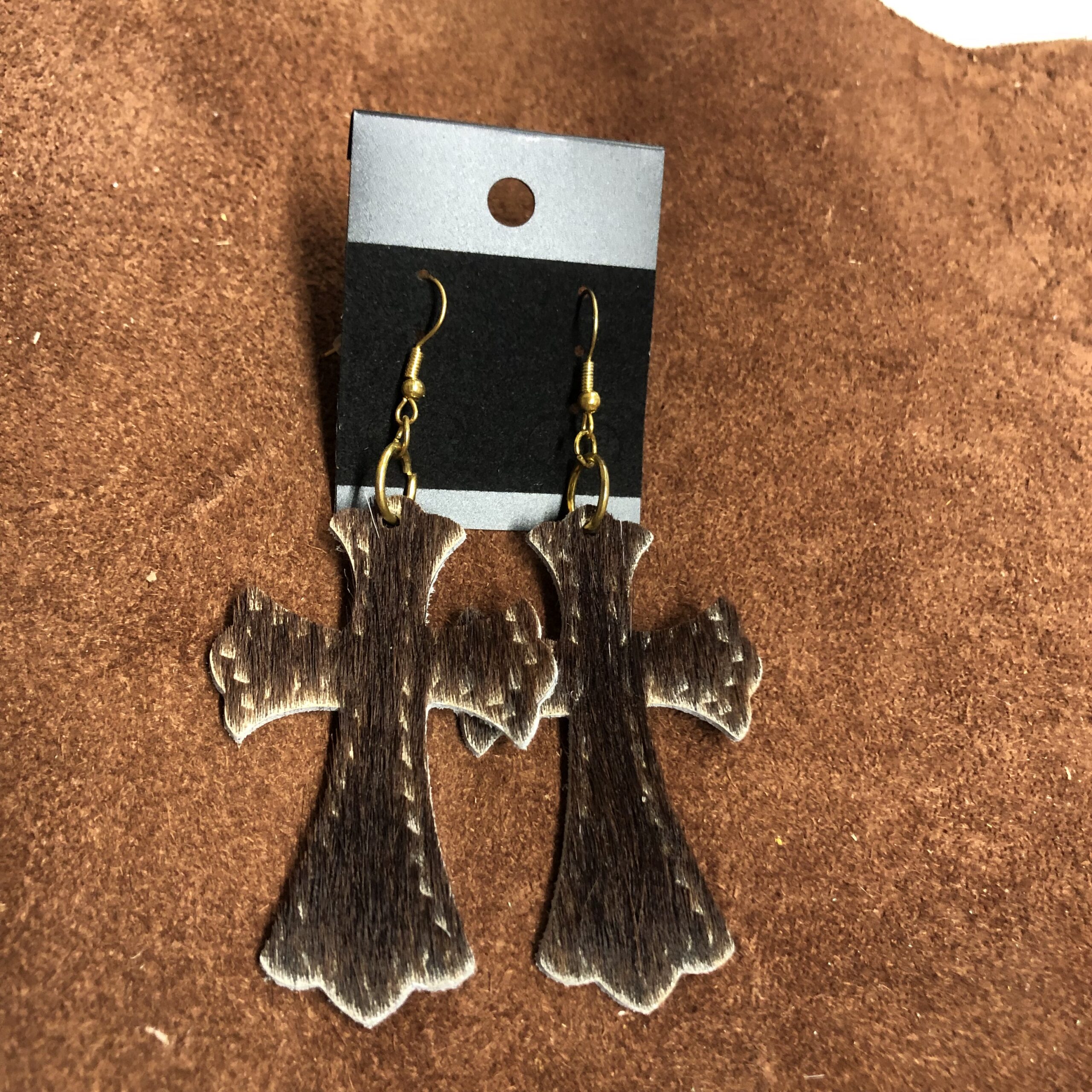 Real Hair on Hide Brown Leather Cross Earrings on Gold Ear Wires