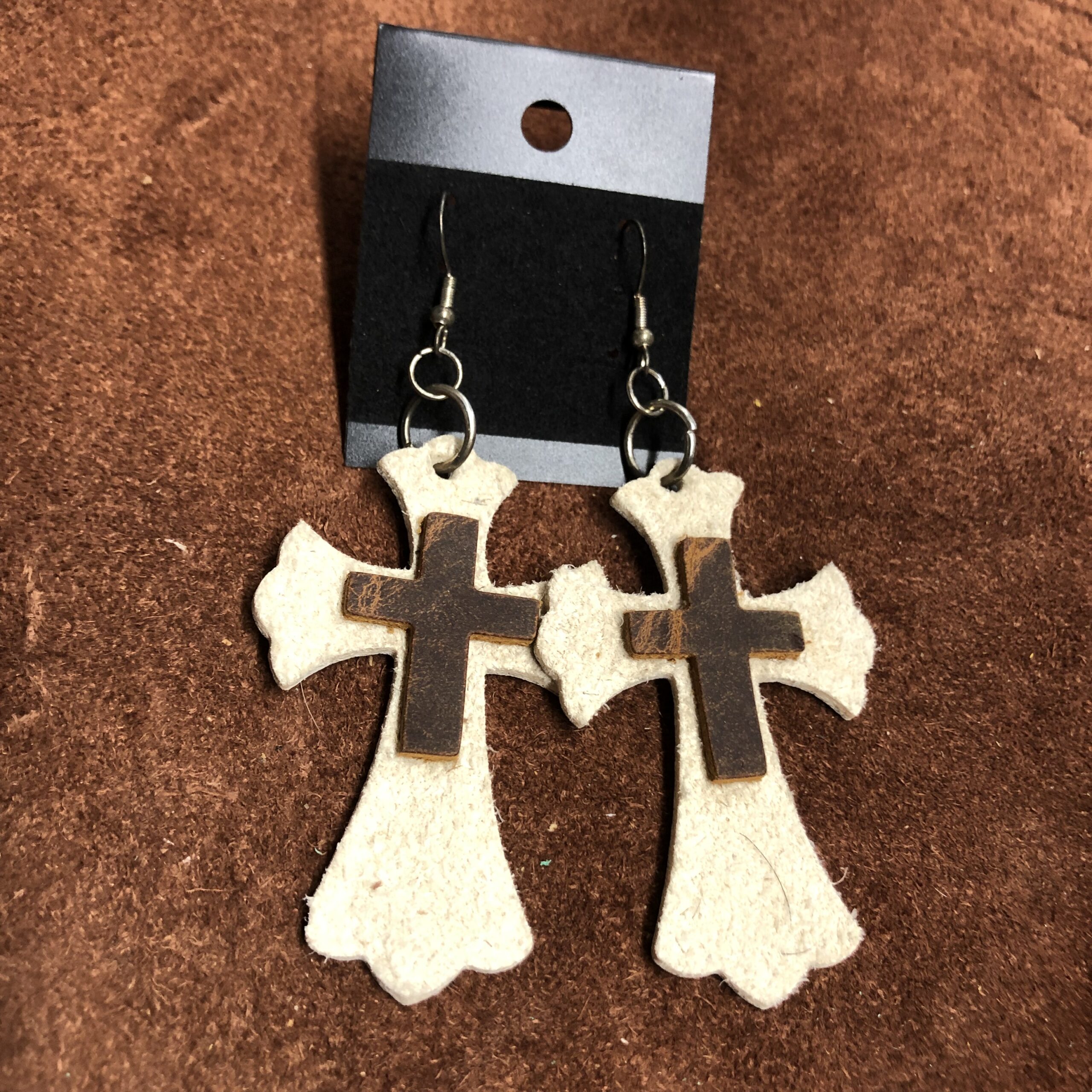 Real Leather White Suede Cowhide Cross with Stacked 1inch Distressed Leather cross Earrings on Gunmetal Ear Wires