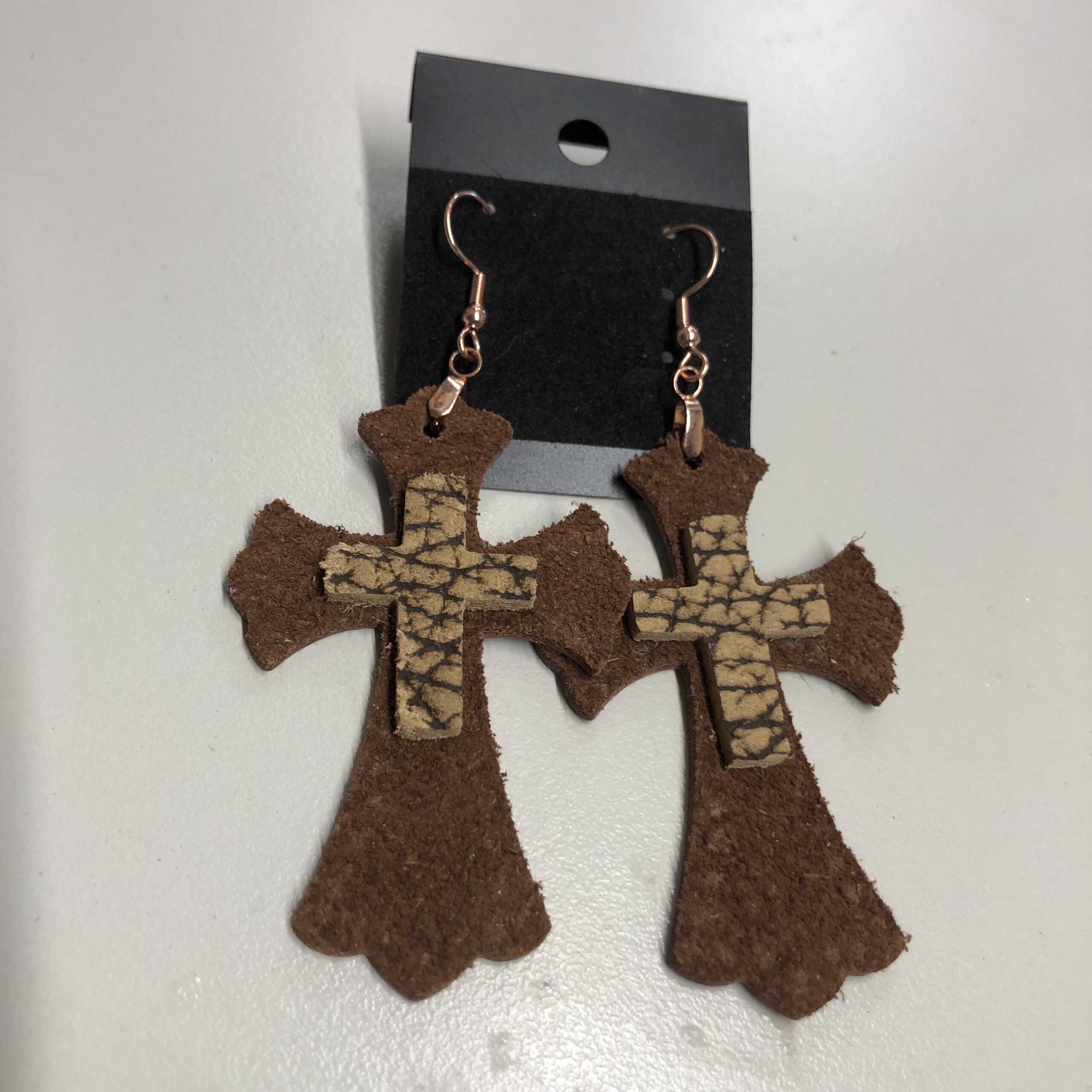 Real Leather Brown Suede Cross with Stacked 1inch Bison Hide Cross Earrings on Rose Gold Ear Wires