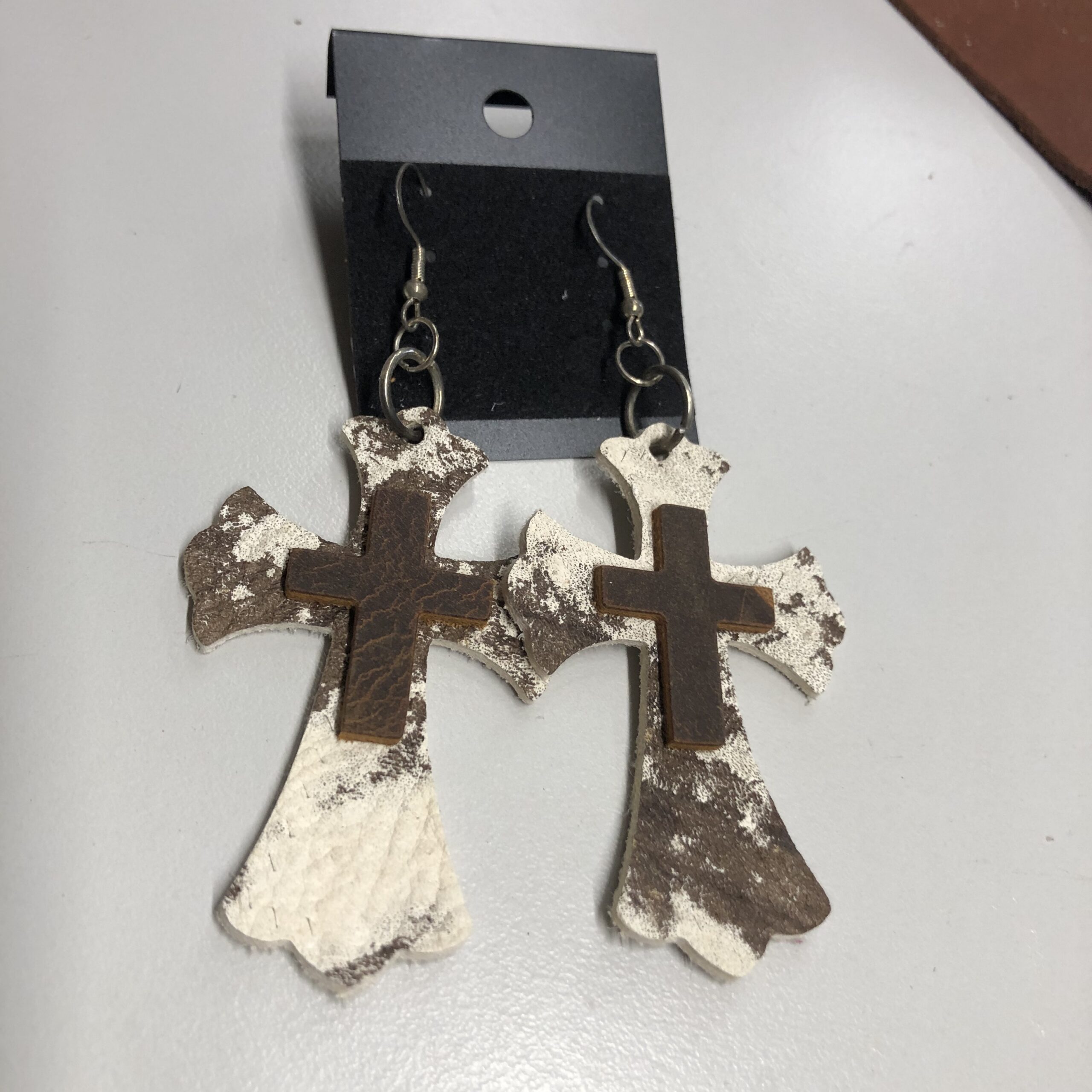 Real Brown & White Cowhide Leather Cross with Stacked 1inch Distressed Leather Cross Earrings on Silver Ear Wires