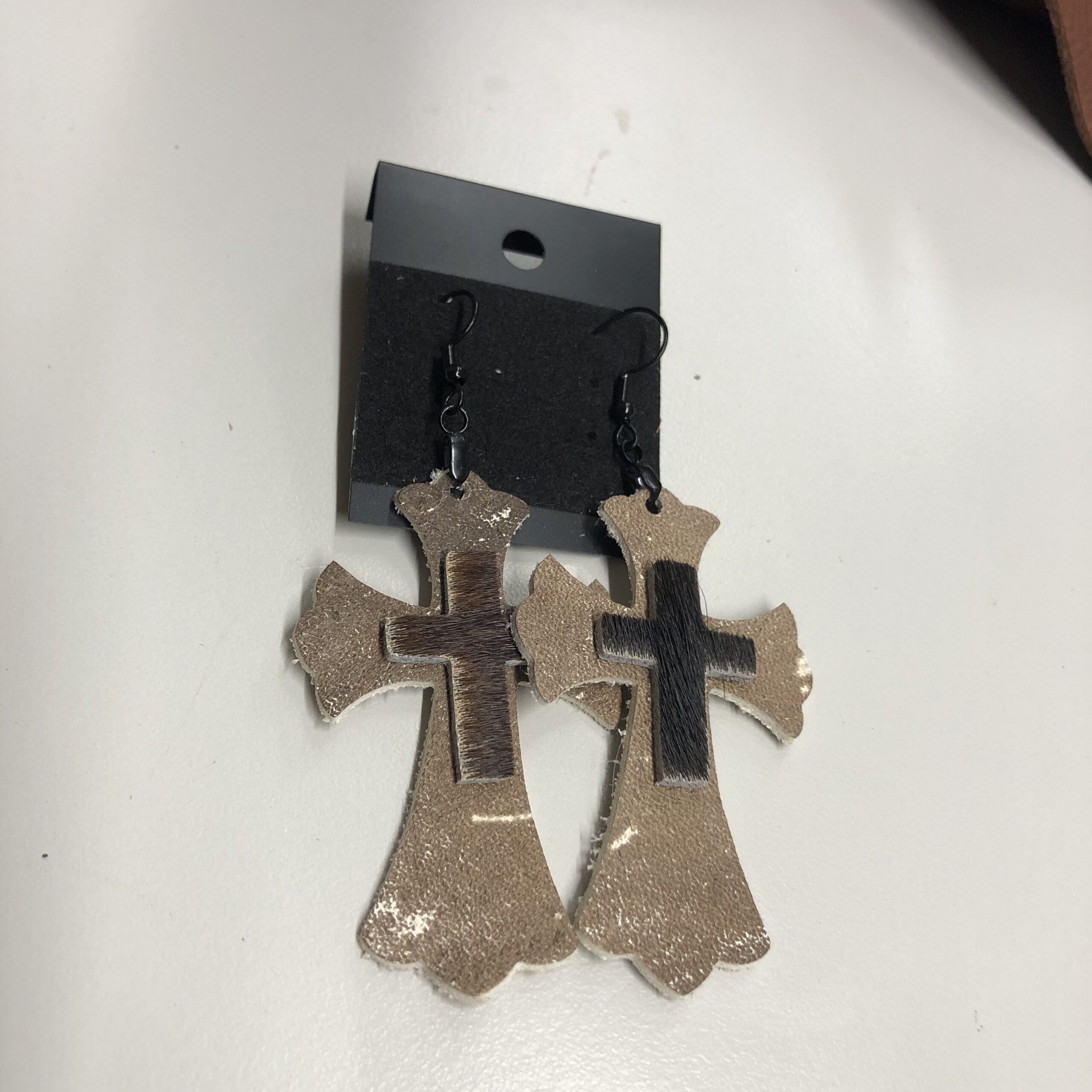 Real Brown & White Cowhide Leather Cross with Stacked 1inch Hair on Hide Cross Earrings on Black Ear Wires