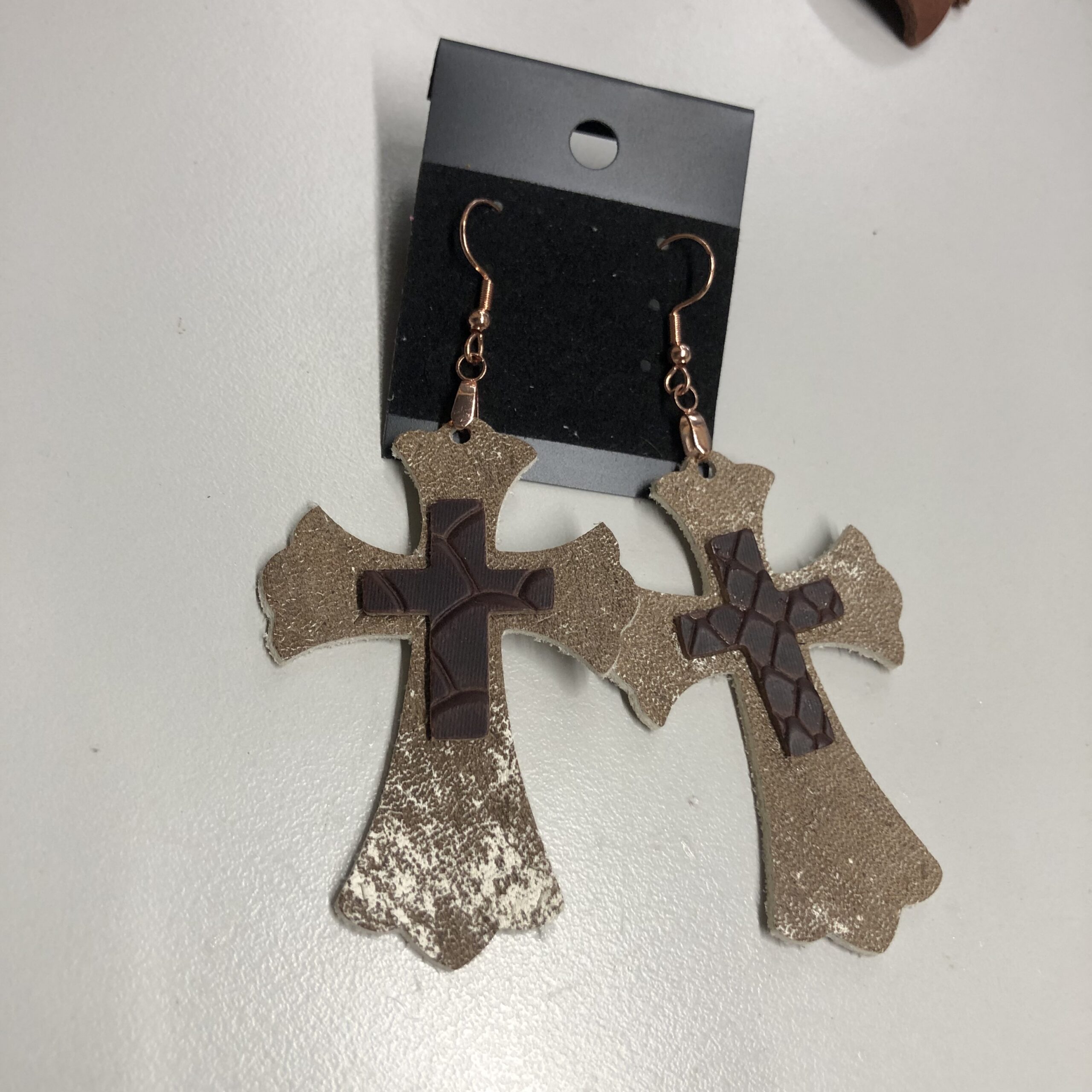 Real Brown & White Cowhide Leather Cross with Stacked 1inch Reptile Stamped Leather Cross Earrings on Rose Gold Ear Wires