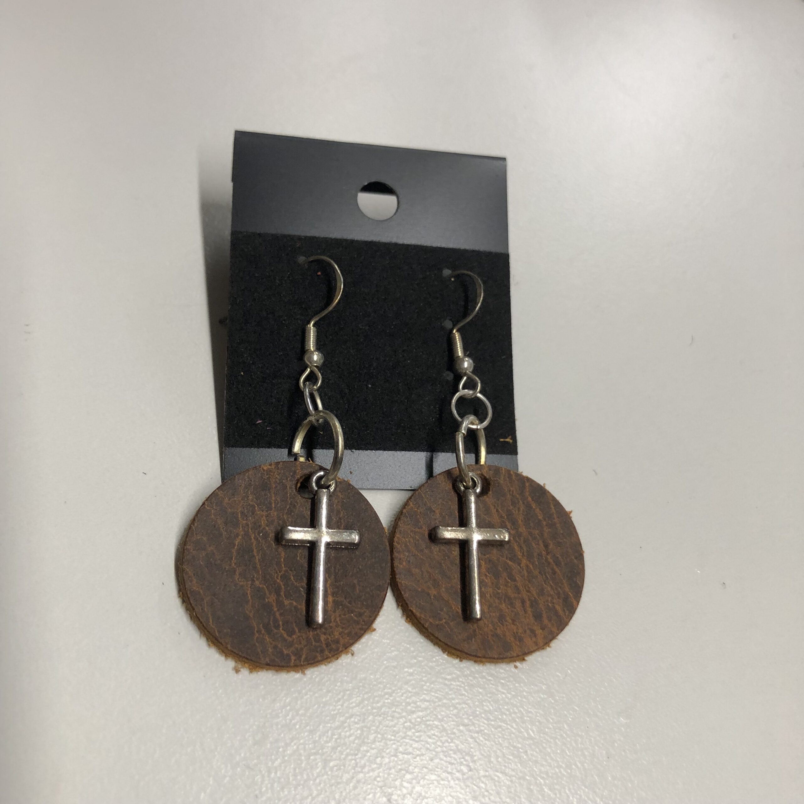 Real Distressed Leather 1inch Round Earrings with Silver Cross Charm on Silver Ear Wires