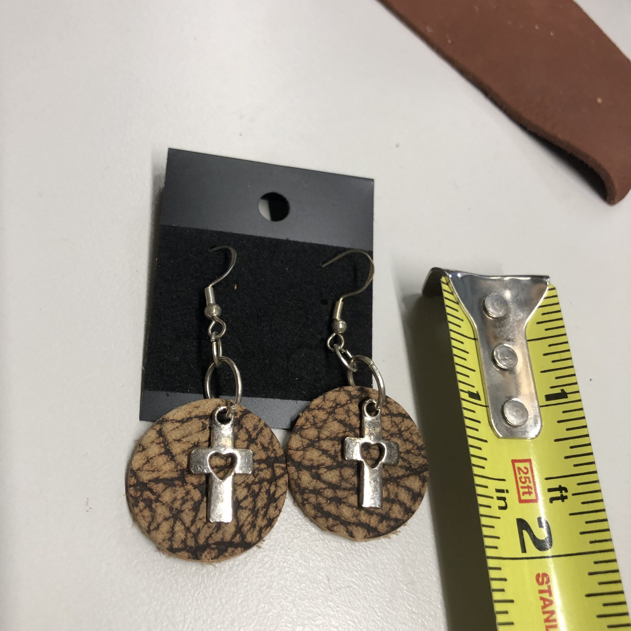 Real Bison Hide 1inch Round Earrings with Silver Heart Cutout Cross Charm on Silver Ear Wires - Image 2